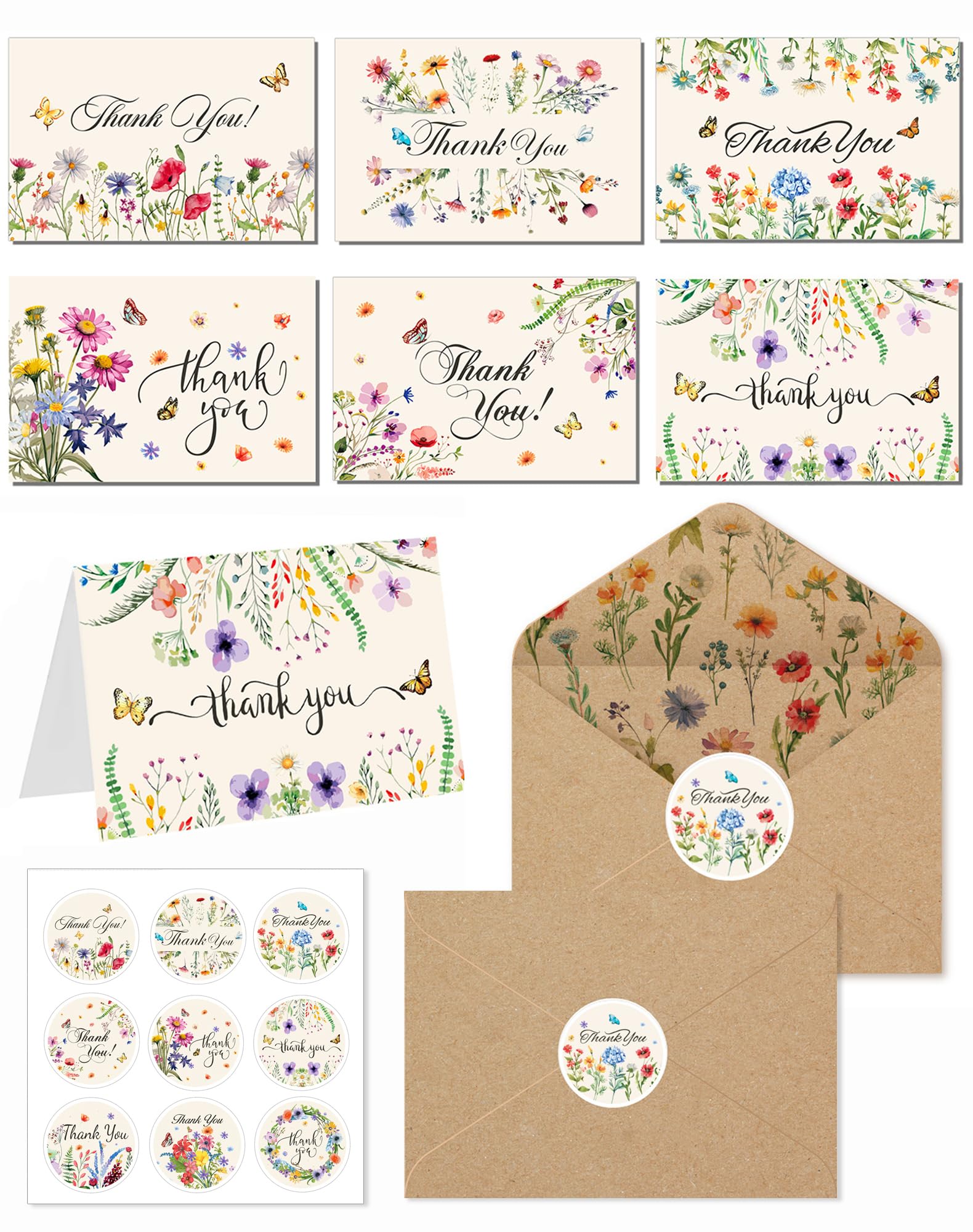 Anvin Thank You Cards 24 Pcs with Kraft Envelopes and Stickers Wildflower Design Blank Note Cards for Wedding, Business, Baby Shower, Funeral,