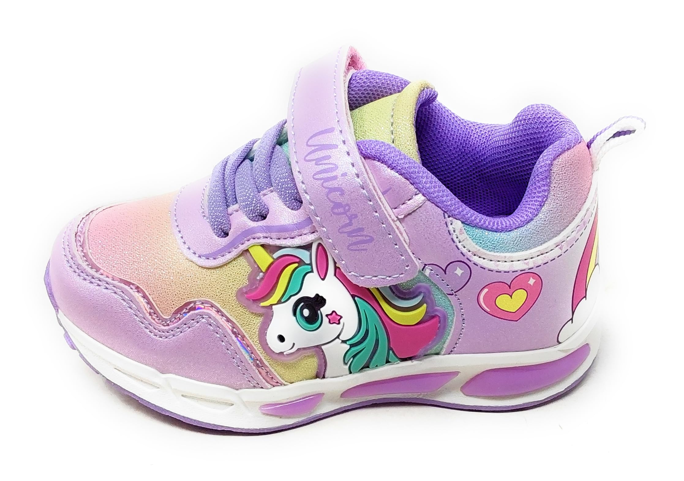 Zapatillas de niña S8010207T con unicornio, lila con purpurina, con tirantes, luces integradas en la entresuela y en el lado de las zapatillas