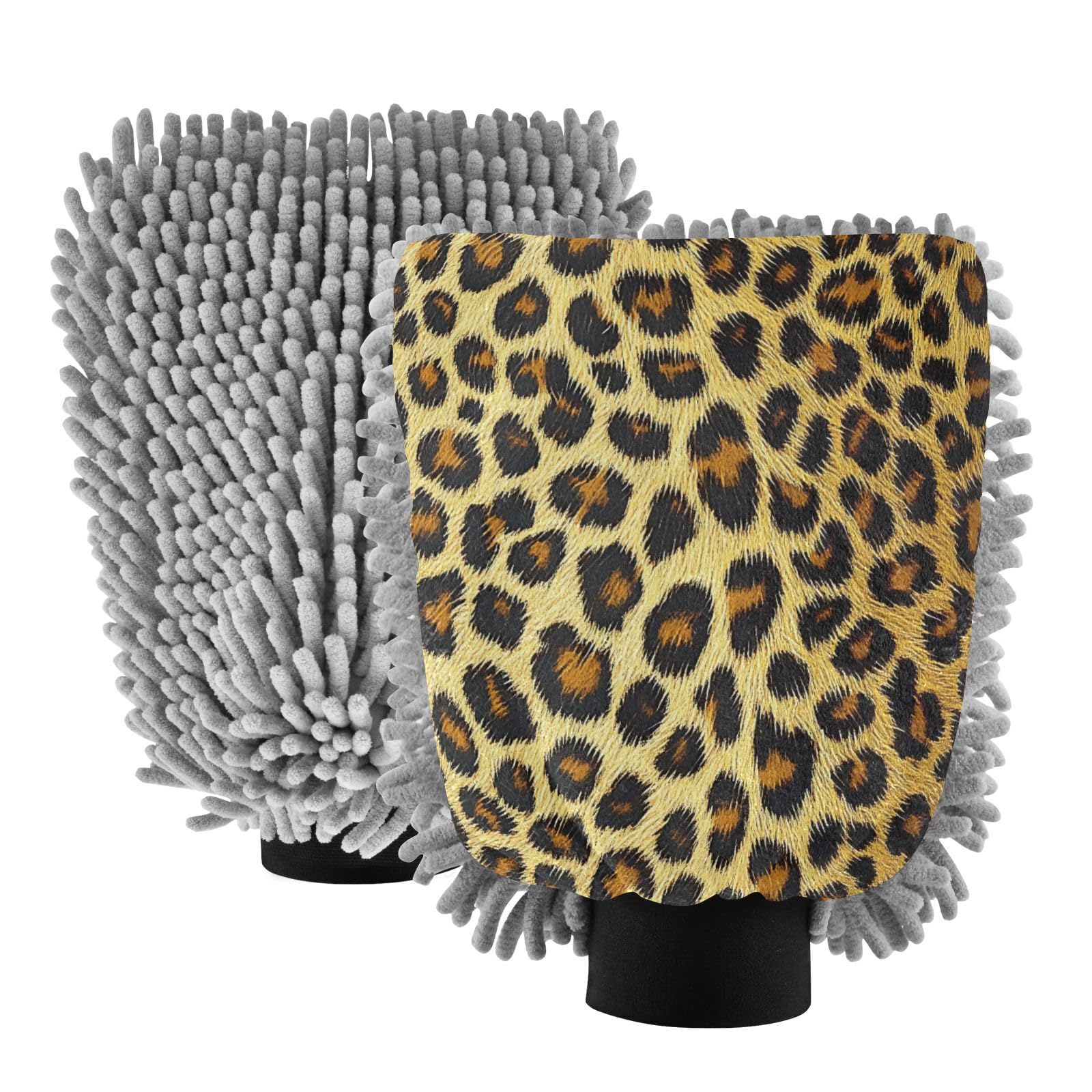 STAYTOP Leopard Print Pattern Car Wash Mitt Microfiber, 2Pcs Scratch Free Lint-Free, Premium Chenille Microfiber Mitt Car Wash Brush-M