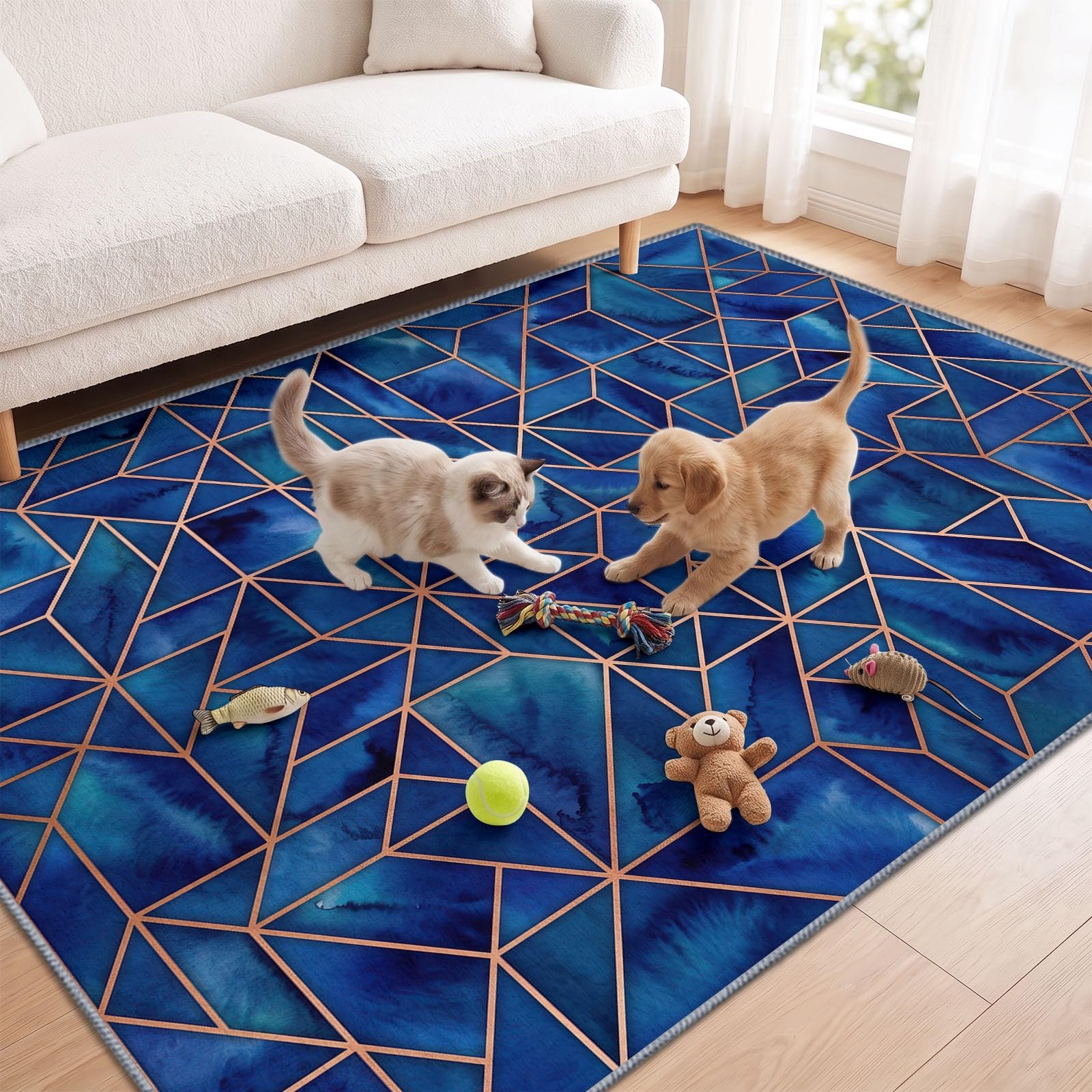 Nowoczesny geometryczny dywan do salonu 140 x 200 cm, można prać w pralce Antypoślizgowe duże wielokąty ciemnoniebieskie, miękki dywan z krótkim włosiem do biura, sypialni, jadalni
