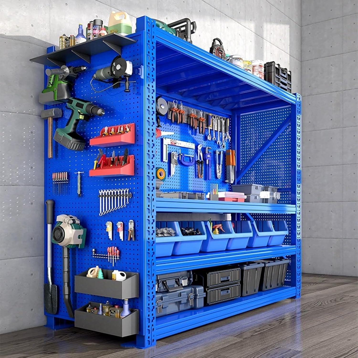 Heavy-Duty Tool Organizer with 4 Adjustable Shelves, 660 lbs Capacity, 40 Metal Hooks for Garage & Workshop Storage, Durable Blue Design (200x50x120cm/79x20x47in)