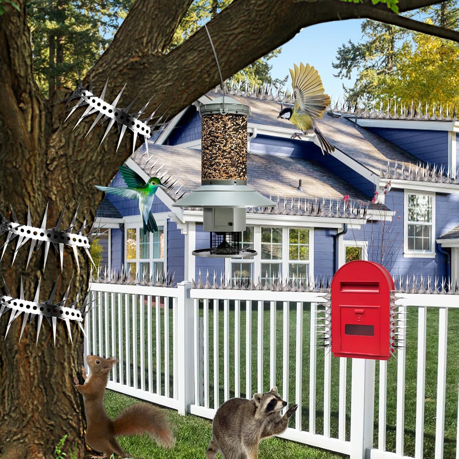 Bird Spikes 32 FT Stainless Steel Bird Deterrent, Snake and Raccoon Deterrent, Squirrel Baffles for Bird Feeders, Anti Climb Spikes, Prevent Squirrels from Stealing the Bird Food