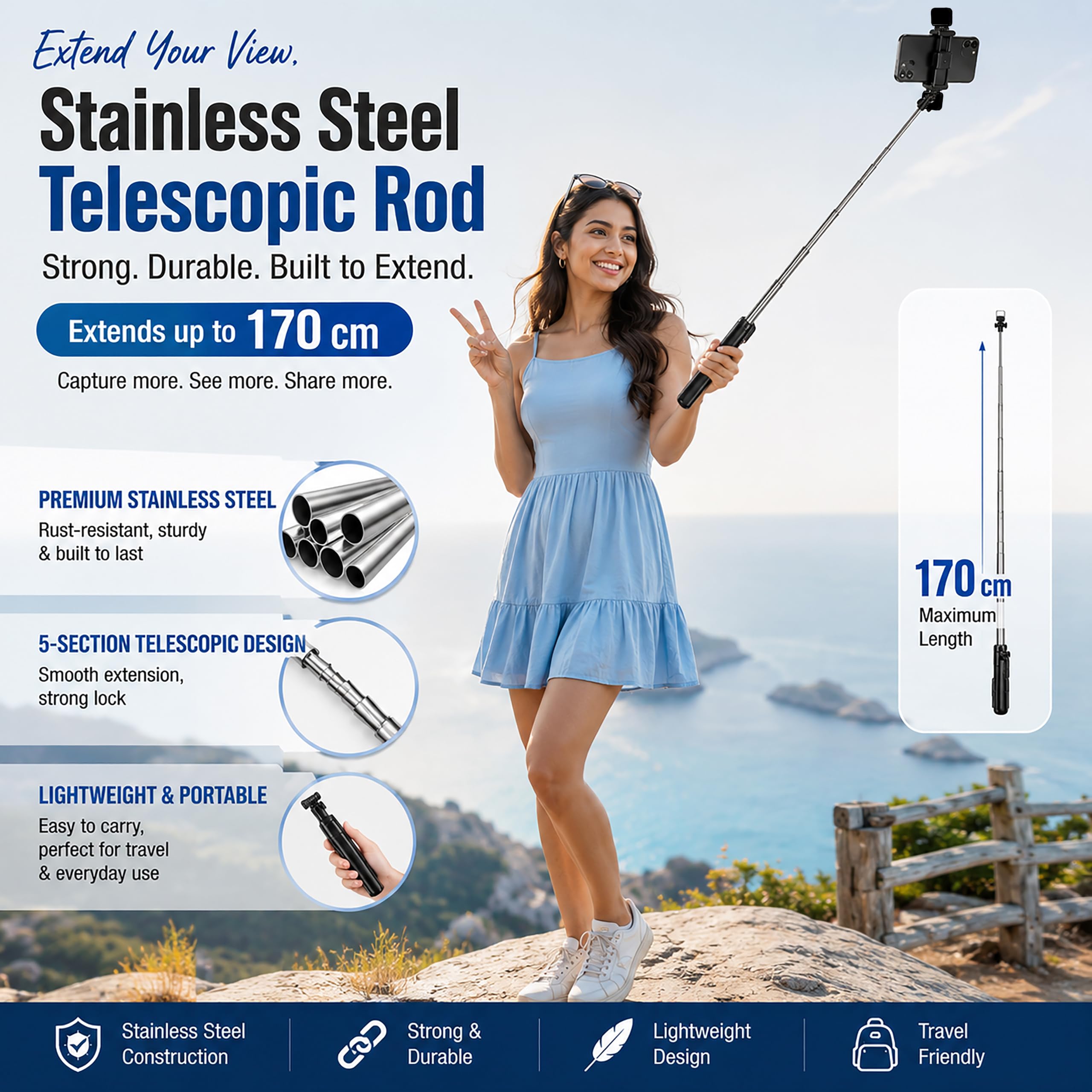 CIRYCASE® Phone Tripod, Flexible Tabletop & Travel Tripods with Wireless Remote, 360° Rotating Portable (Selfie Tripod Handle Grip with Light) — Amazon image 2