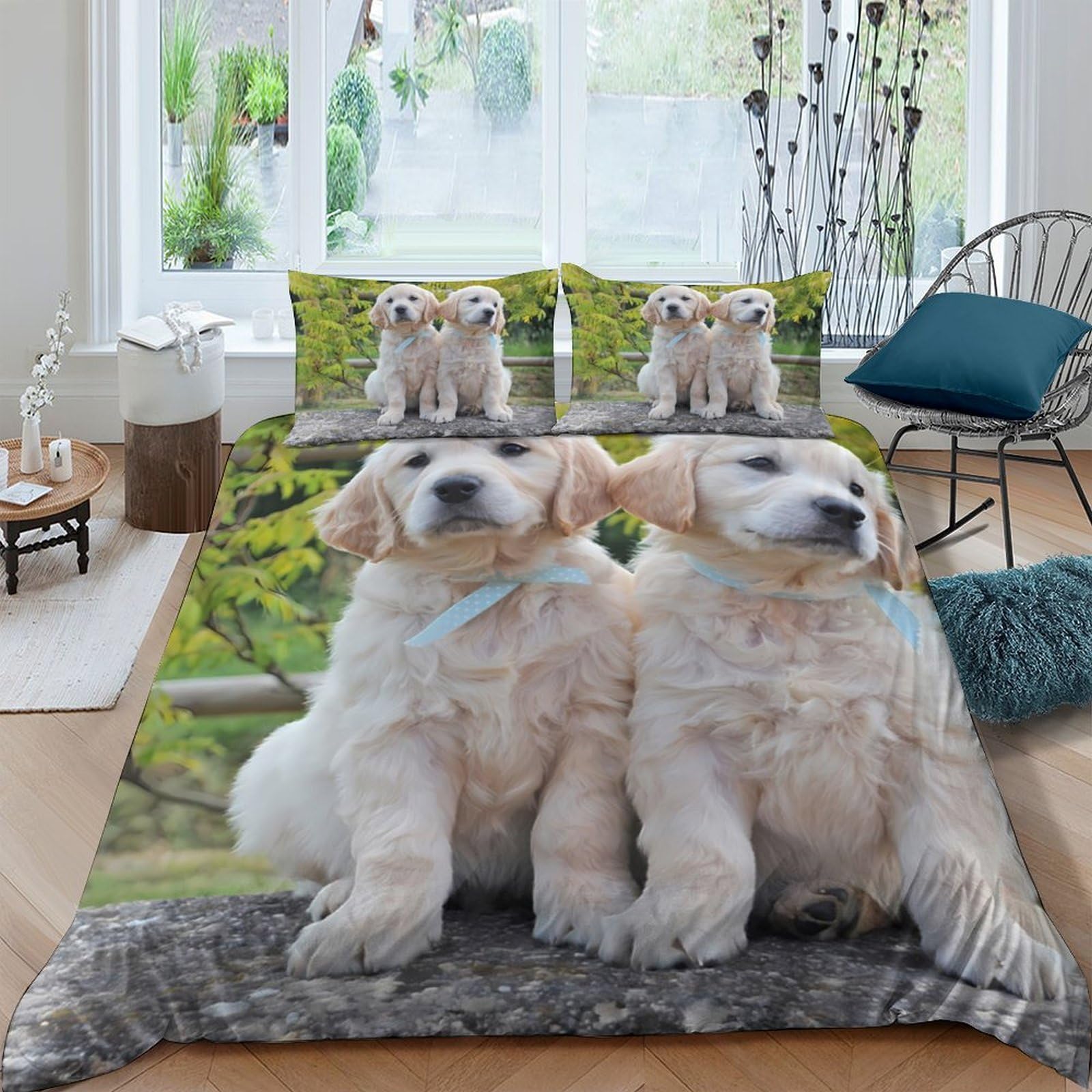 Ctjqhvkz Style-1 3D Printed Golden Retriever Puppy Fitted Sheet Microfiber Soft Anti-Slip Dog Bed Cover For Bedroom Guest Room Mattress Decor Single（135X200cm）