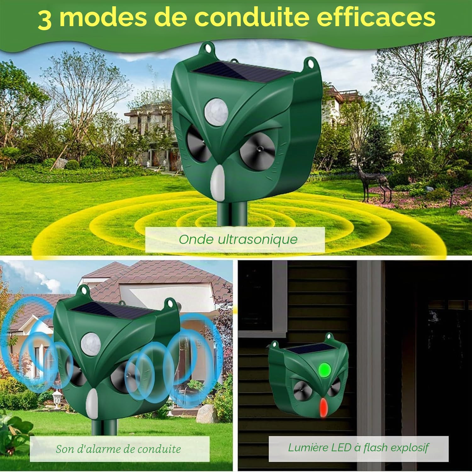 Répulsif à ultrasons pour chat, 5 modes, solaire et rechargeable, dissuasif pour cerf, chien, lapin, mouffette, oiseau pour jardin extérieur (RC546)