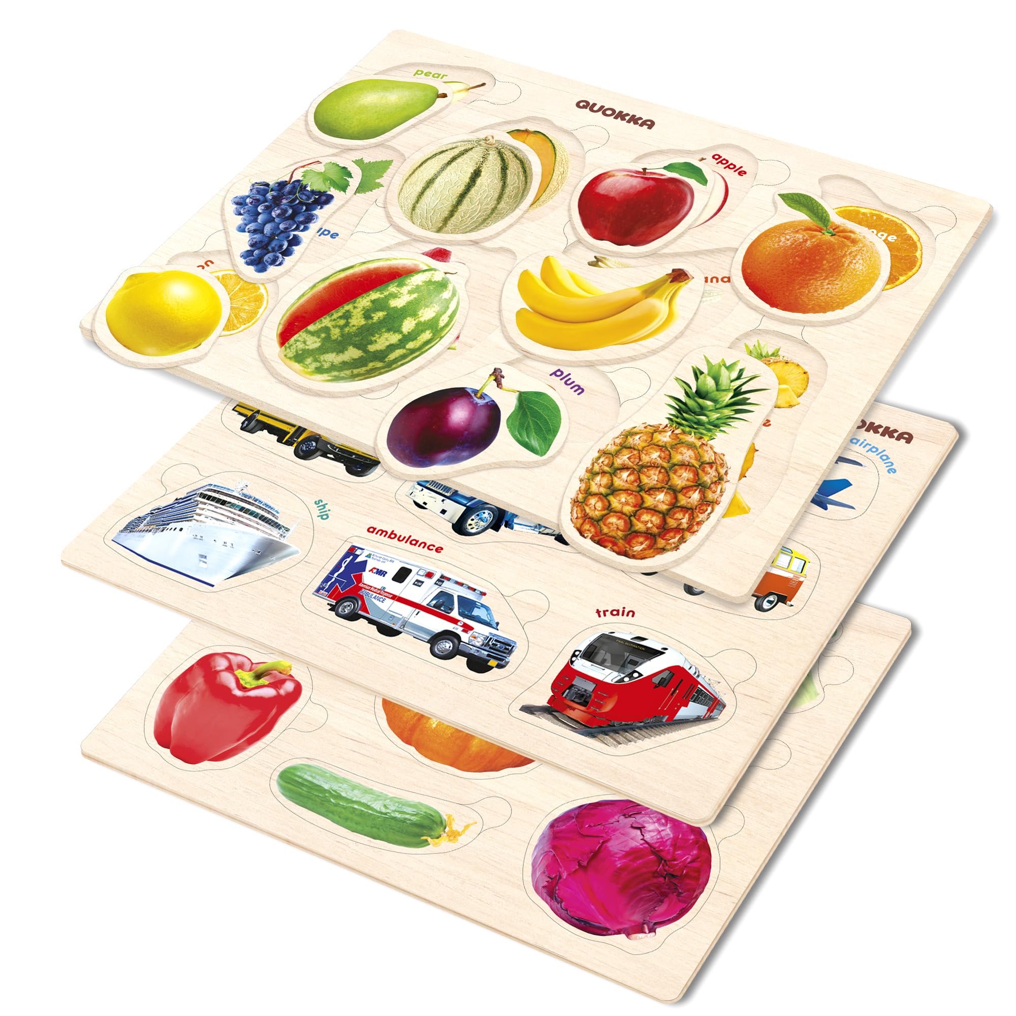 QUOKKA Puzzle Legno Bambini 1 2 Anni - 3 Giochi Montessori per Bambini 3 4 5 Anni - Puzzle in Legno con Frutta Verdura e Trasporto - Giocattolo Educativo Regalo