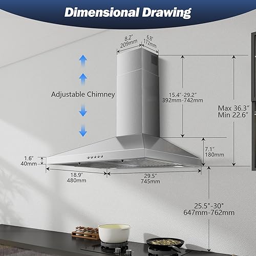 Miniatura 4 de SNDOAS Campana extractora de 30 pulgadas, campana extractora de acero inoxidable para montaje en pared de 30 pulgadas, ventilación de estufa estilo