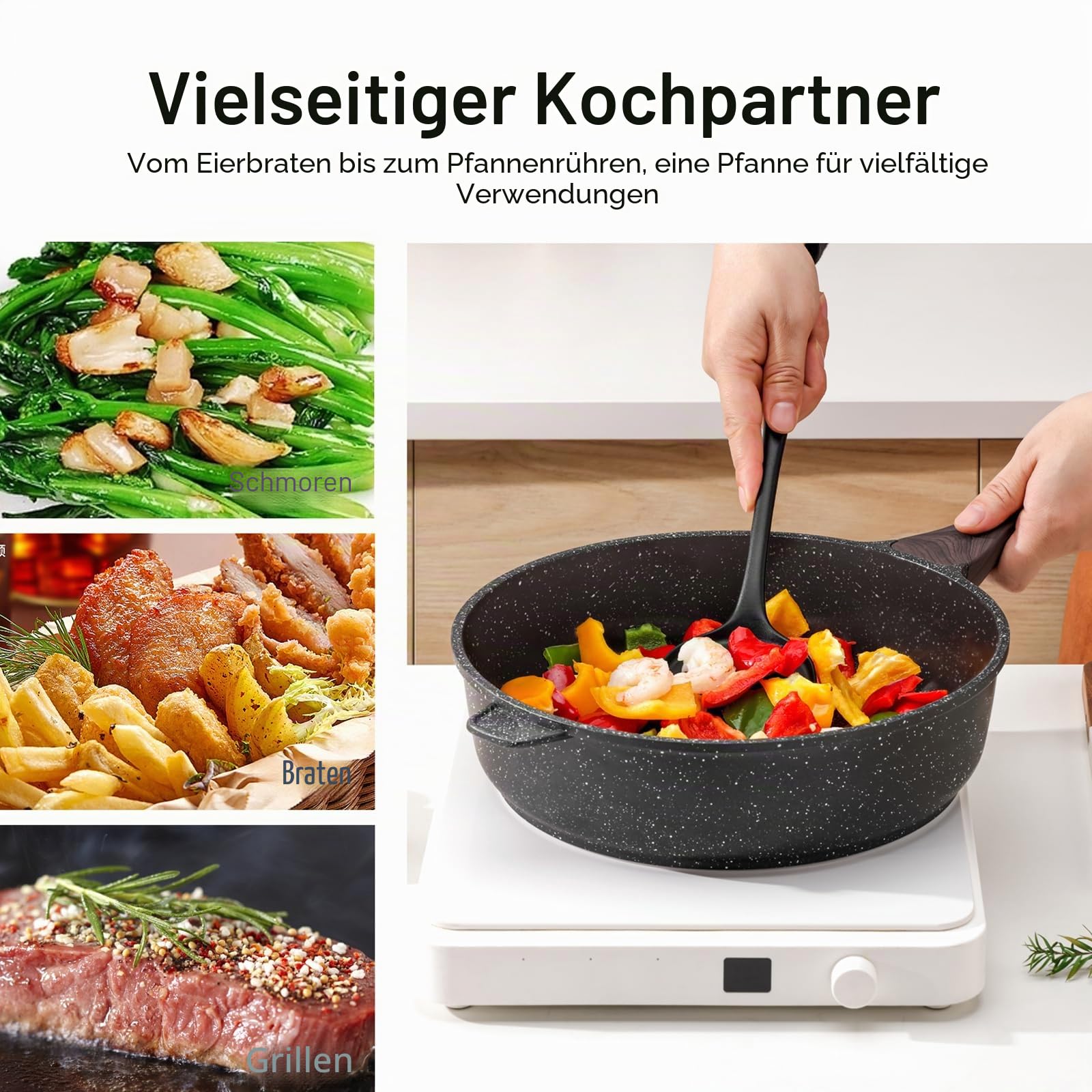 Kordisen Antihaft Tiefe Bratpfanne mit Deckel, 30 cm Große Granitbeschichtung Pfanne, Induktion Kompatibel, Gesunde Stein Kochgeschirr, PFOA-frei