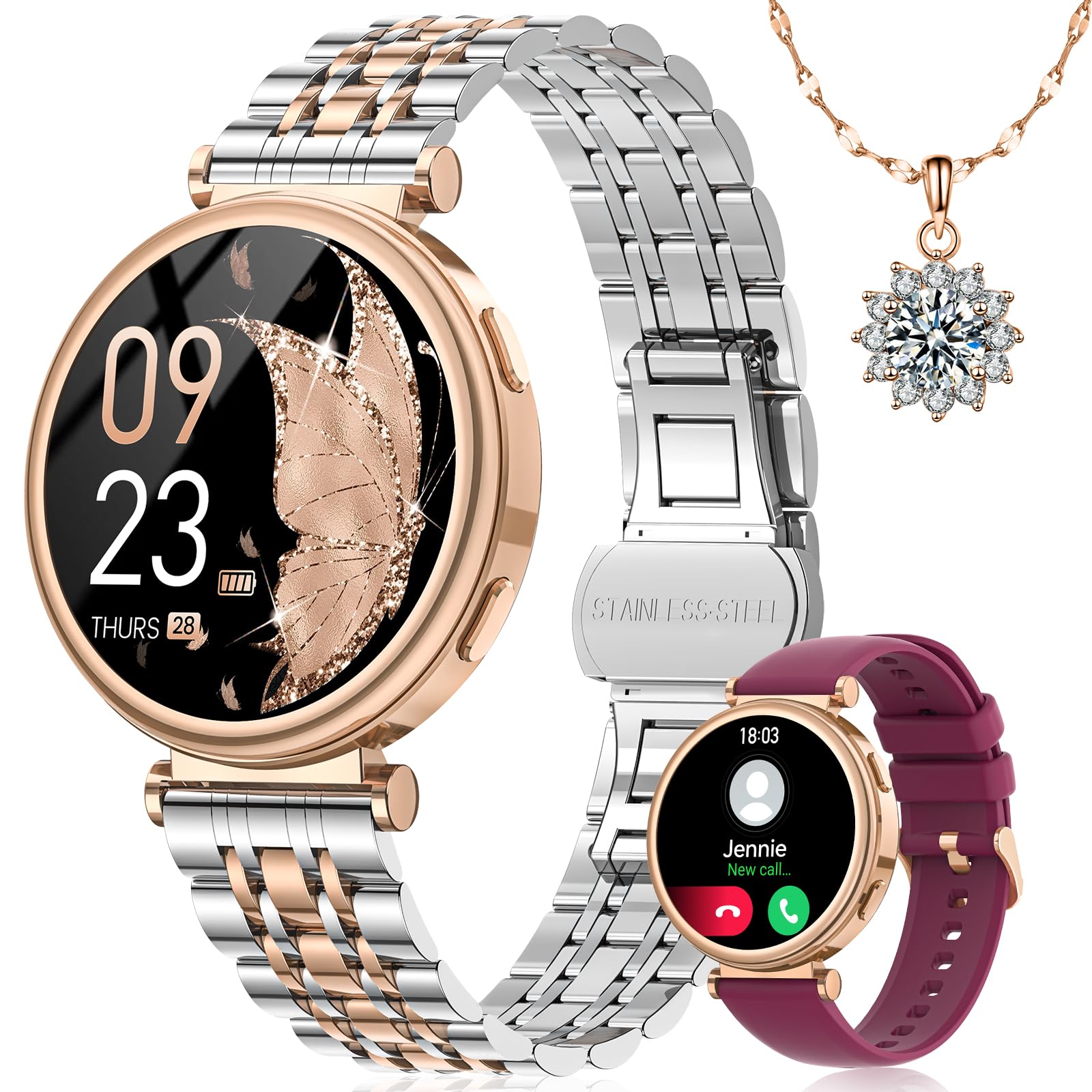 SWGOTA Smartwatch Donna con Chiamate, 1.27" Orologio Smartwatch con Fisiologia Femminile, 24H Cardiofrequenzimetro SpO2 Sonno, 120+ Sports Smart Watch Rotondo per Android iOS, Regalo Donna Oro Argento