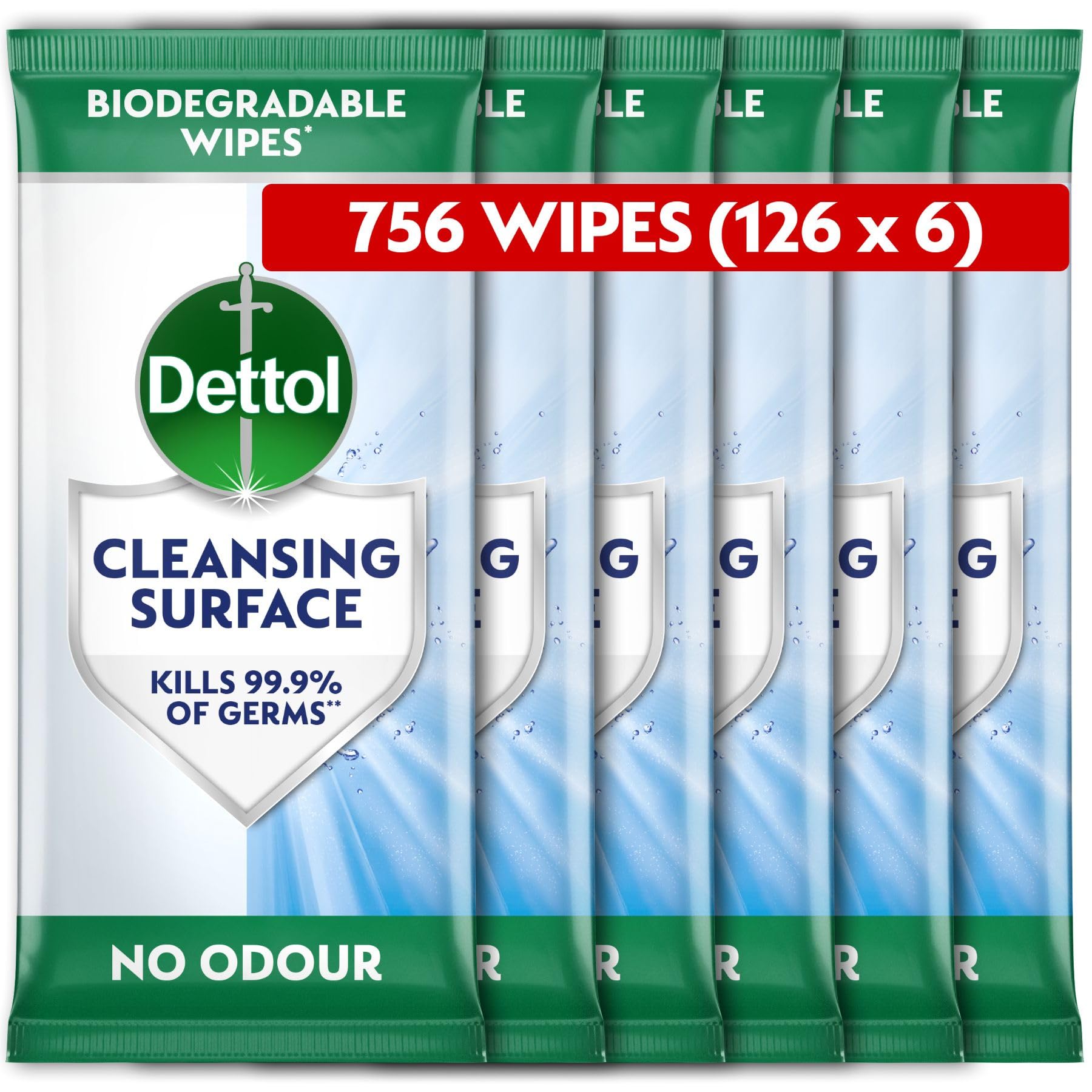 Antibacterial Cleansing Surface Biodegradable Wipes, Fragrance Free, 756 Wipes (126 x 6pck), Disinfectant, Home Hygiene, Kills 99.9 Percent of bacteria & enveloped viruses