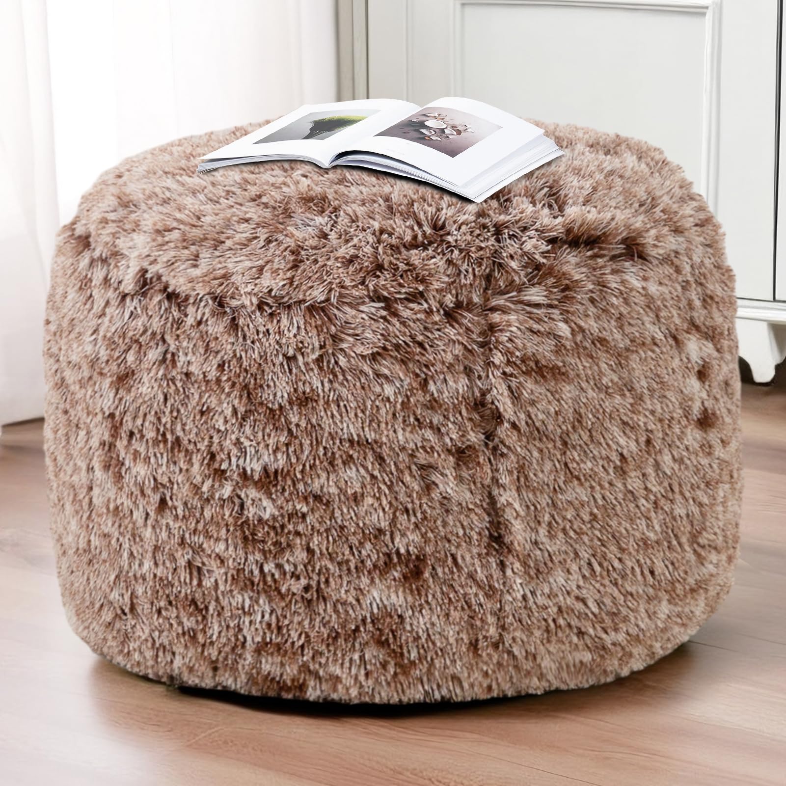 HIGOGOGO Pouf rotondo imbottito in pelliccia sintetica a pelo lungo con imbottitura in schiuma espansa, poggiapiedi peloso con vano portaoggetti, 65 x 40 cm, pouf da pavimento per soggiorno, caffè