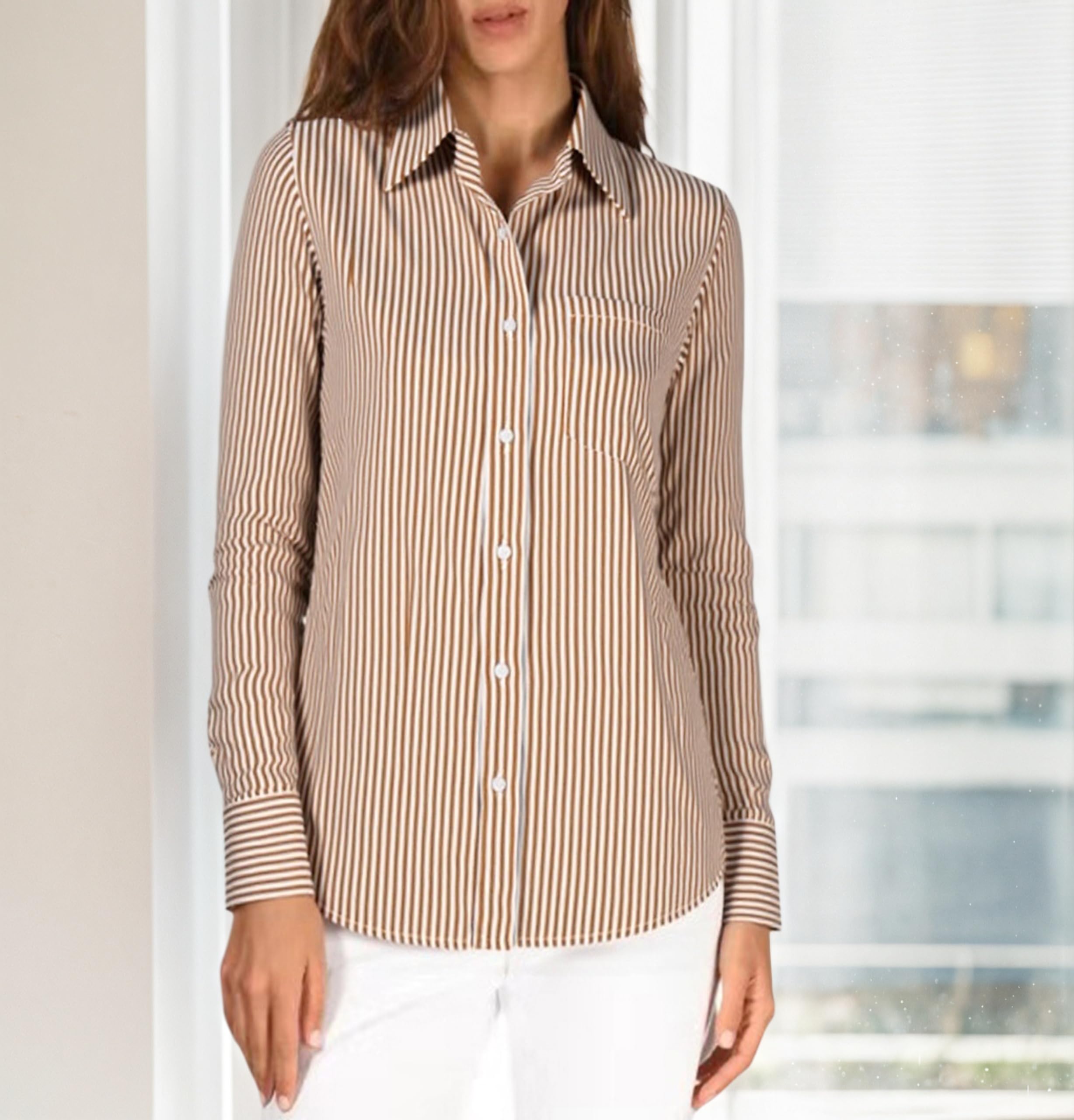 Beninos Striped Button Down Shirts for Women Dress Shirts Long Sleeve Casual Collared Office Work Shirt with Pocket