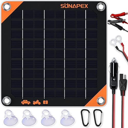 SUNAPEX Mantenedor de cargador de batería de panel solar de 5 W 12 V, cargador solar portátil impermeable con controlador de carga integrado,