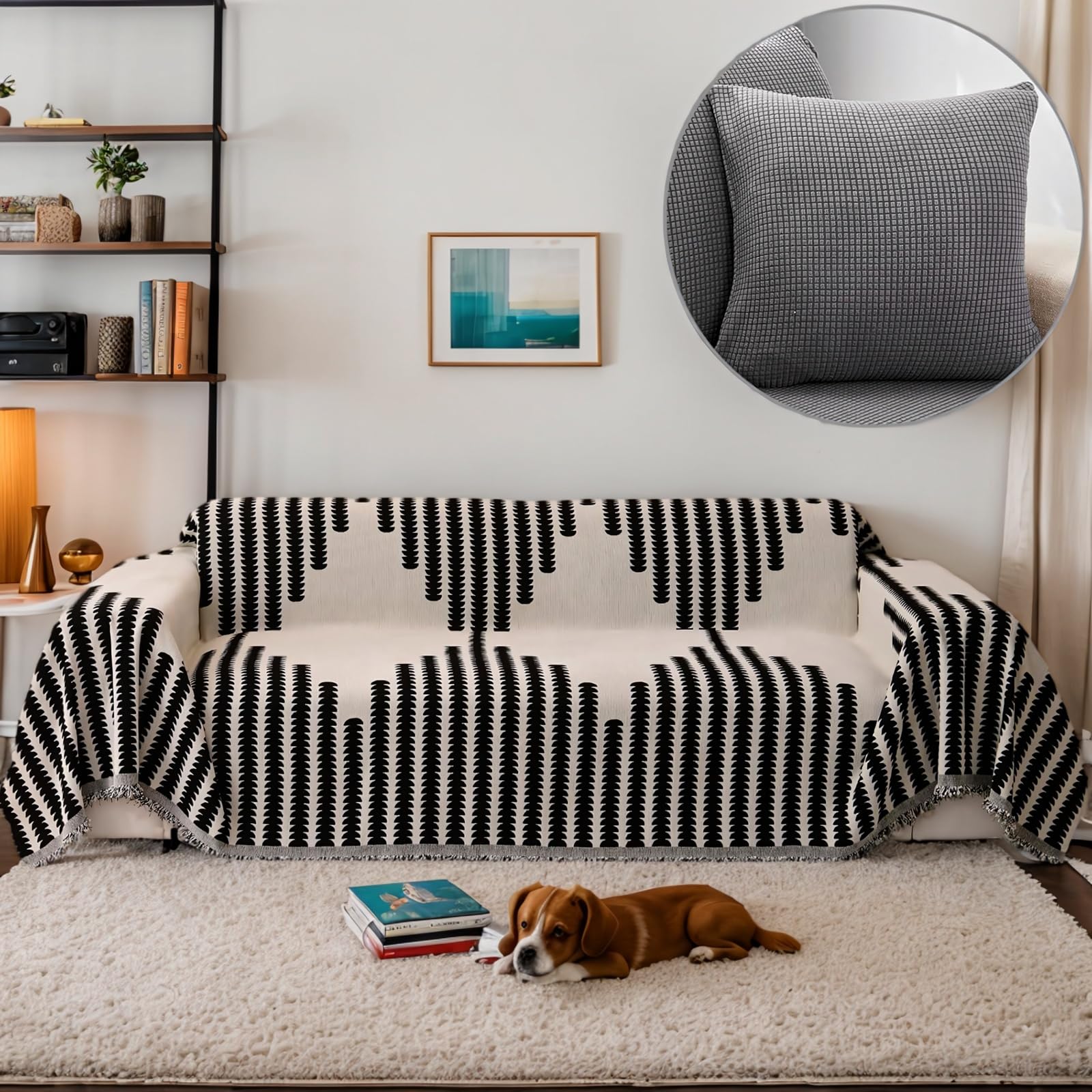 OKYUK Boho Chenille Sofa Cover 2/3/4 Seater & Corner Sofa, Washable, Tassel Design, Pet-Friendly, Breathable