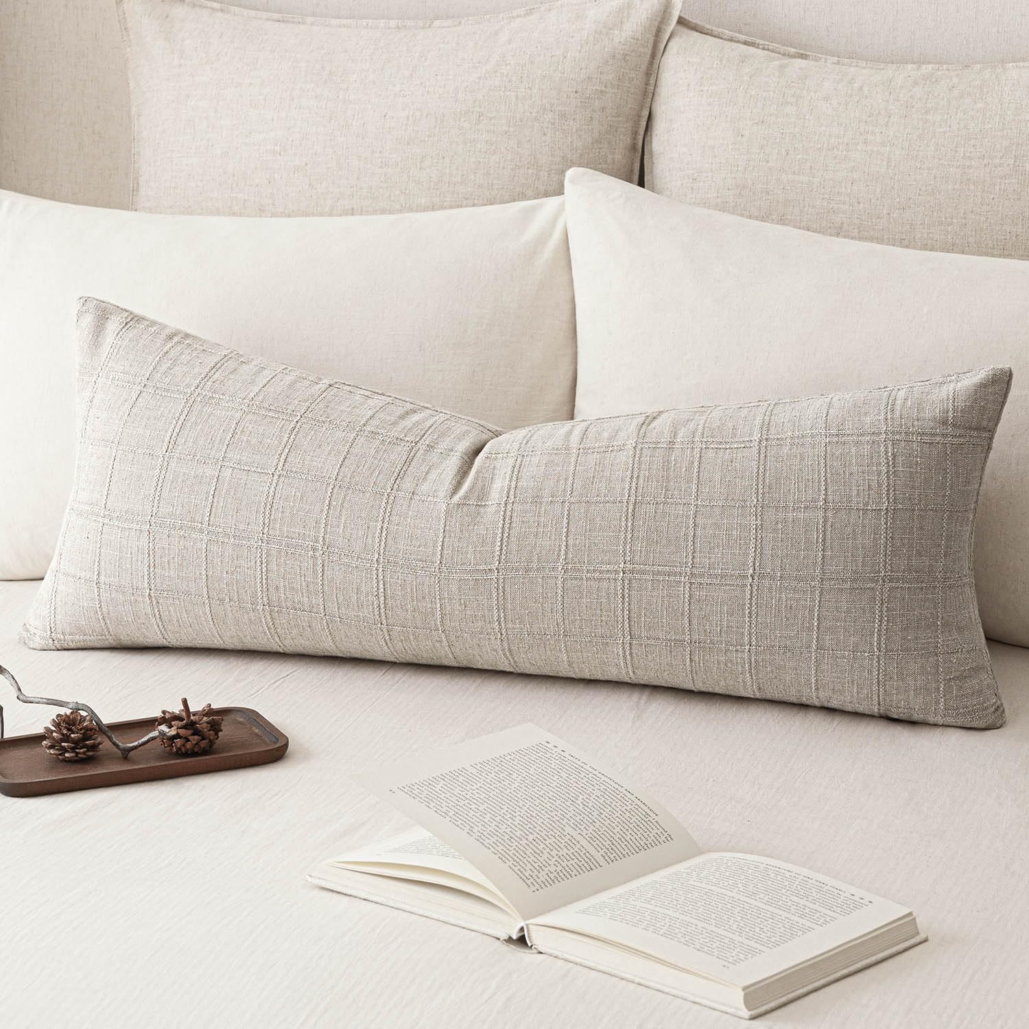 Foindtower Set of 1 Decorative Linen Check Throw Pillow Cover Neutral Long Body Lumbar Cushion Cover Farmhouse Vintage Boho Home Decor for Sofa Chair Couch Bedroom Living Room,14×36 Inch,Light Grey