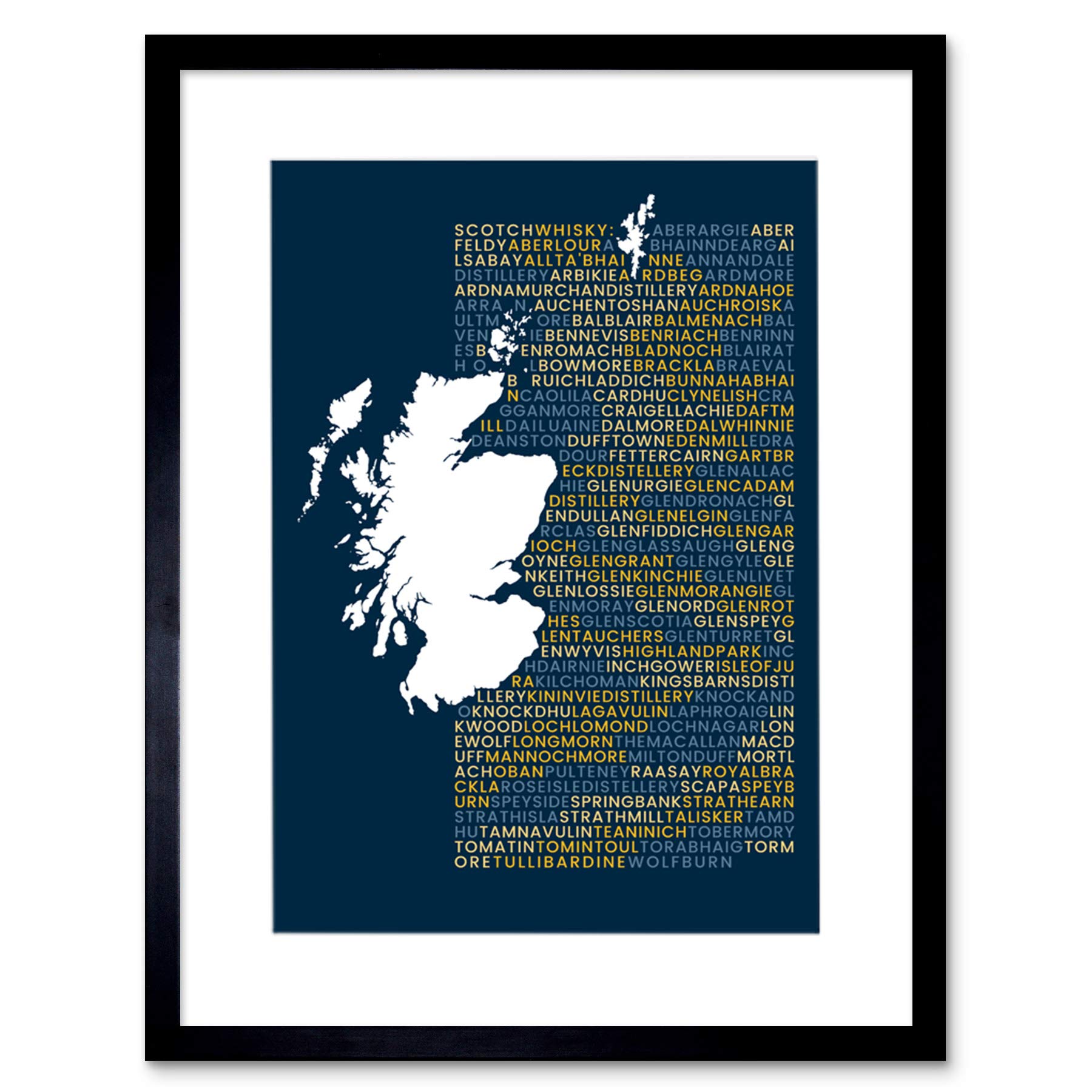 Wee Blue Coo Black Scotch Whisky Distilleries Map Framed Wall Art Print 12X16
