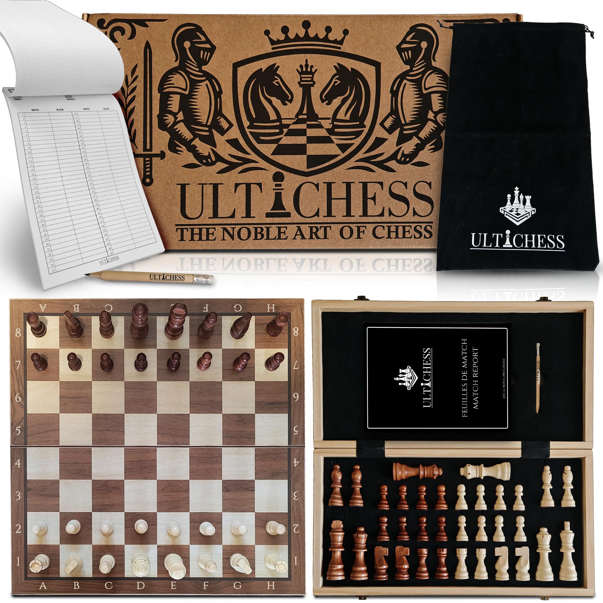 Echiquier Bois 39x39 cm Pliable | Jeu d’Échecs Magnétique et Jeu echec Pliable | Échiquier avec Sac & carnet de Partie – Cadeau éducatif, Jeu echec Adulte Enfant