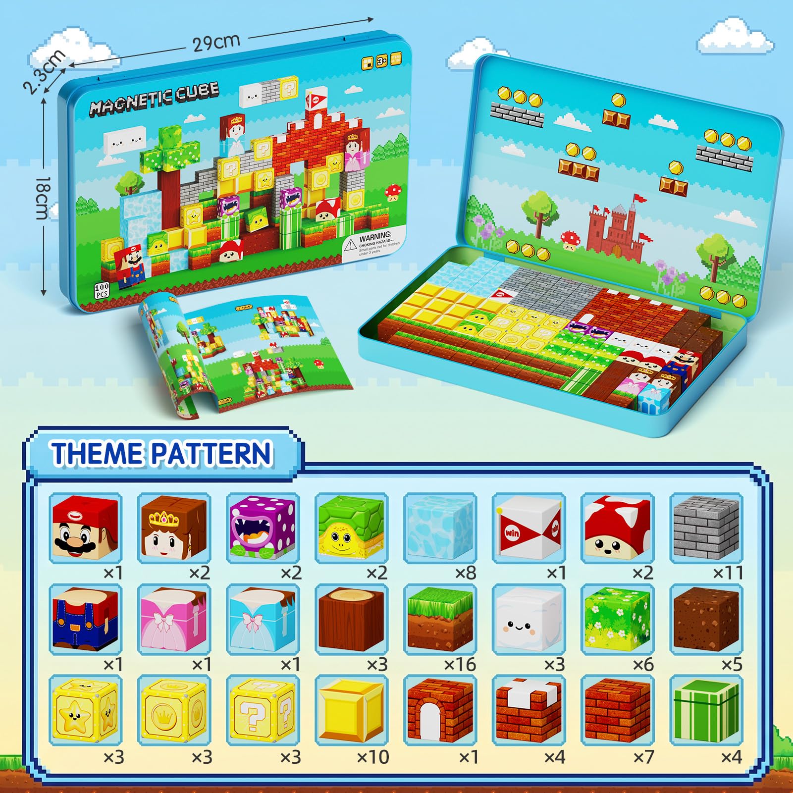 Blocs magnétiques de Voyage pour Enfants : 100 Cubes magnétiques Avec boîte en métal, 90 Minutes de Concentration pour la Voiture ou l'avion, pour garçons et Filles de 3 à 8 ANS
