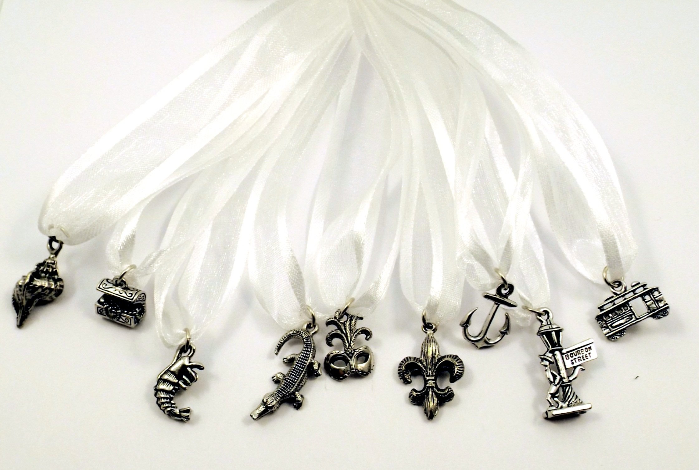 New Orleans Themed Cake Pull Charms for Brides - White Ribbon with gold trim - Set of 9
