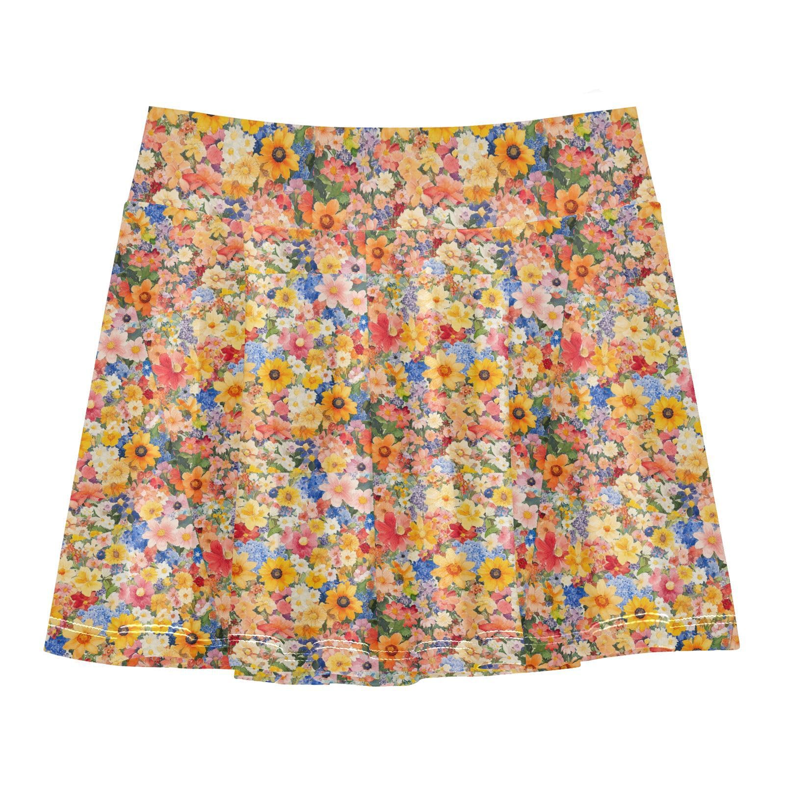JUNZAN Colorful Florals Girls Tennis Skirts with Shorts Flowy Sports Skirts for Kids with Pockets Skort for Little Girl