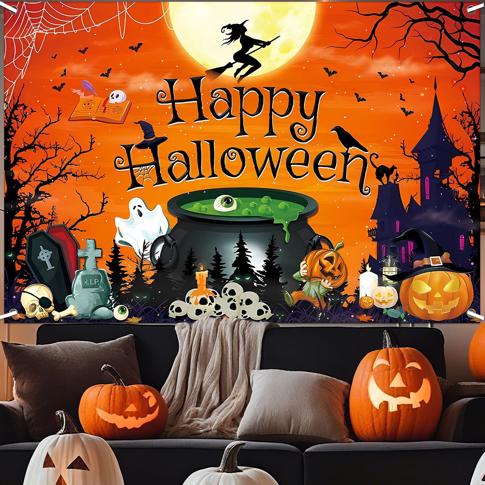 Happy Halloween Skull Party Banner for Halloween Decoration,Ghost Castle Pumpkin Lantern Photography Background Night Castle Back Horror Moon Cemetery Outdoor Party Bunting Booth Props - Image 4