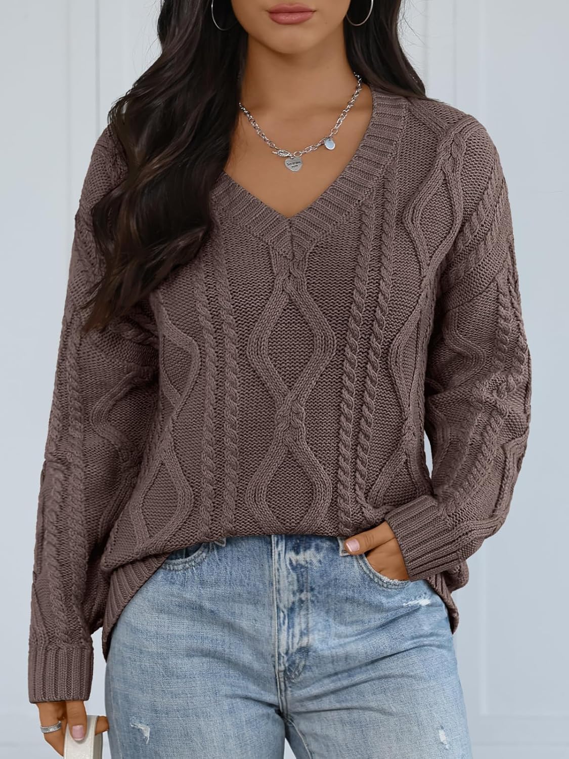 Trendy Queen Oversized Cable Knit Sweaters for Women 2026 Cozy Pullover Knit Fall Outfits V Neck Cute Winter Clothing - Image 2