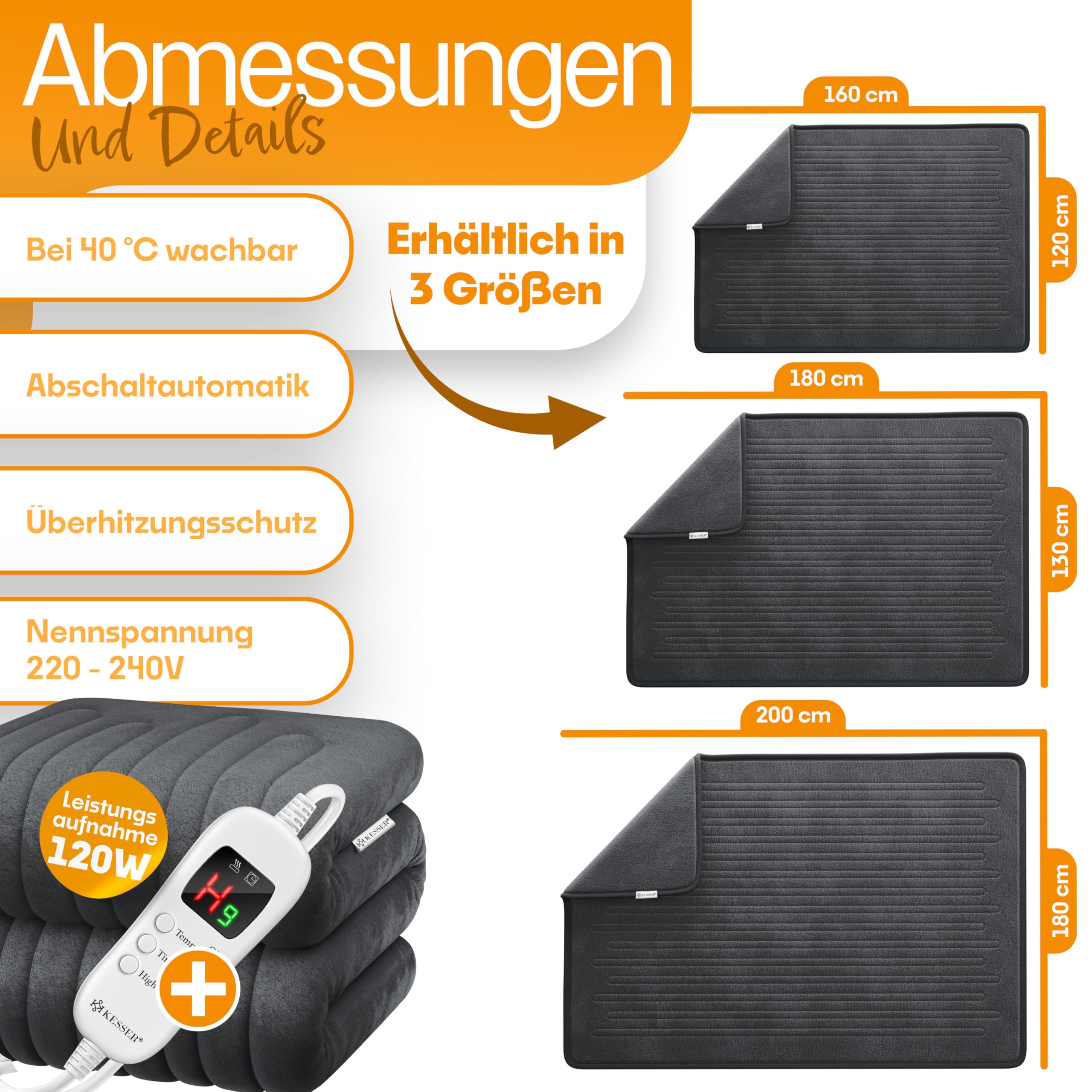 KESSER® Heizdecke aus Plüsch 180x130cm Grau TÜV SÜD GS geprüft | elektrische Wärmedecke mit Timer Abschaltautomatik | Kuscheldecke Decke | 7 Temperaturstufen | waschbar bis 40°C | Digitalanzeige