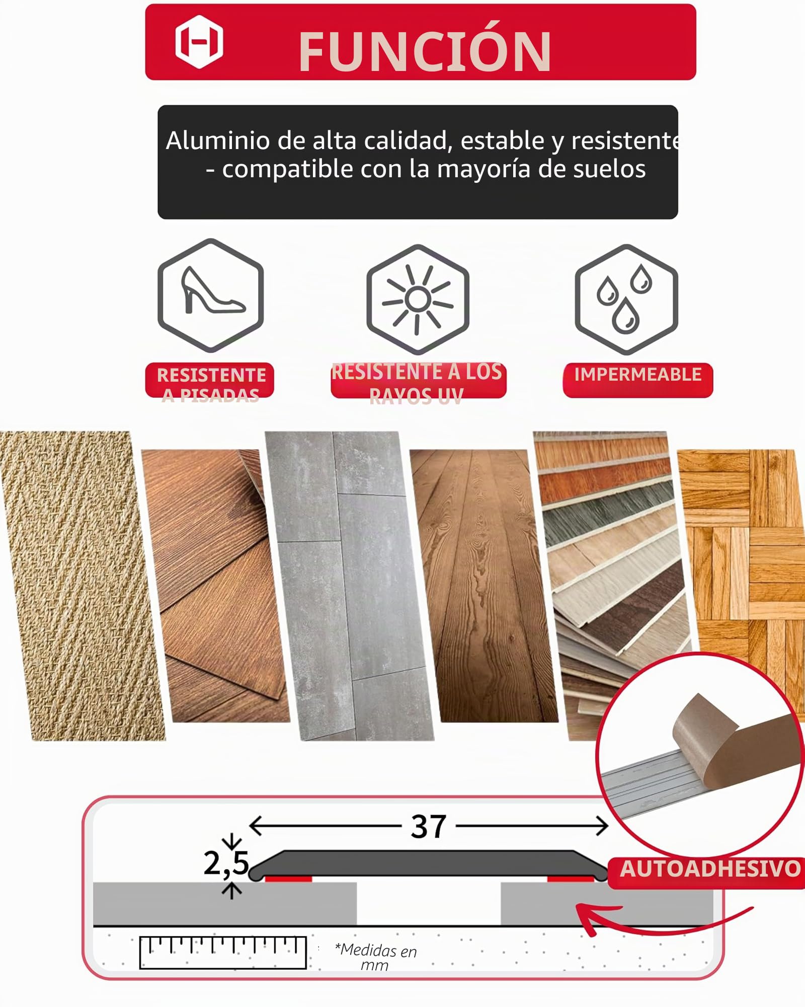 Gedotec Perfil de transicion autoadhesivo Plata 2000 mm alu - Longitud 2 m anchura 37 mm - aluminio anodizado - Made in Germany - sin taladrar - listón umbral