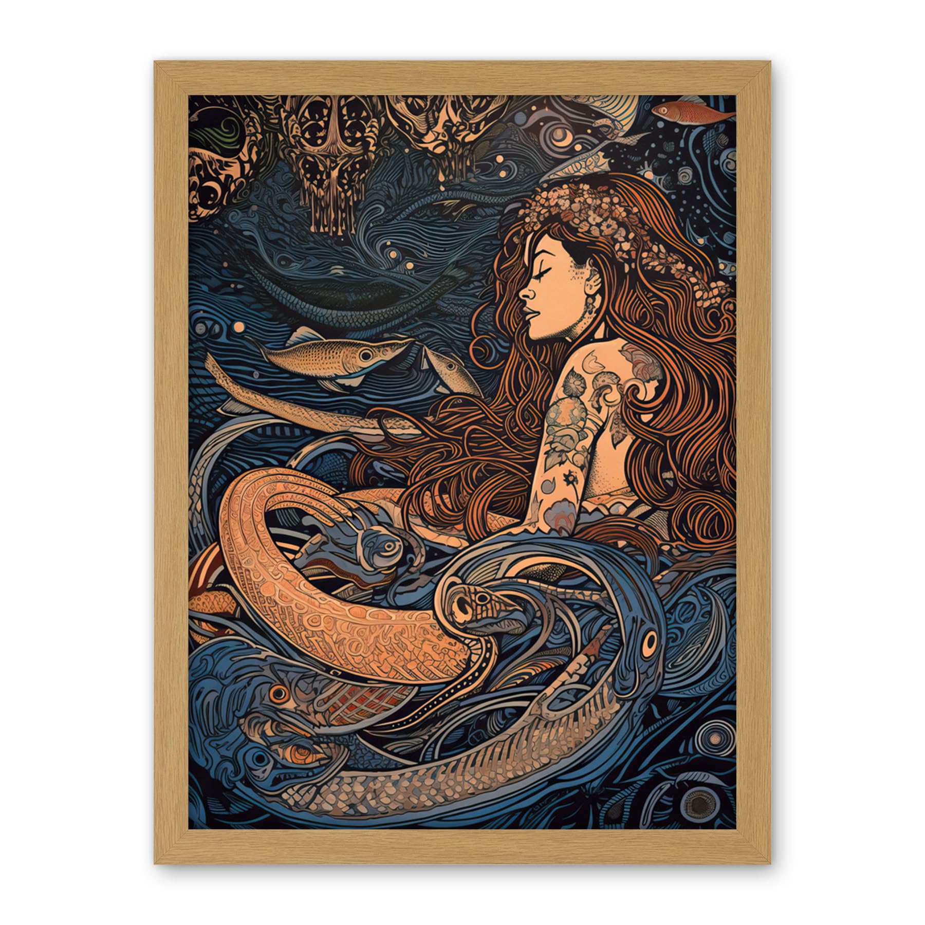 Artery8 Little Mermaid and Aquatic Animals Illustration Artwork Framed Wall Art Print 18X24 Inch