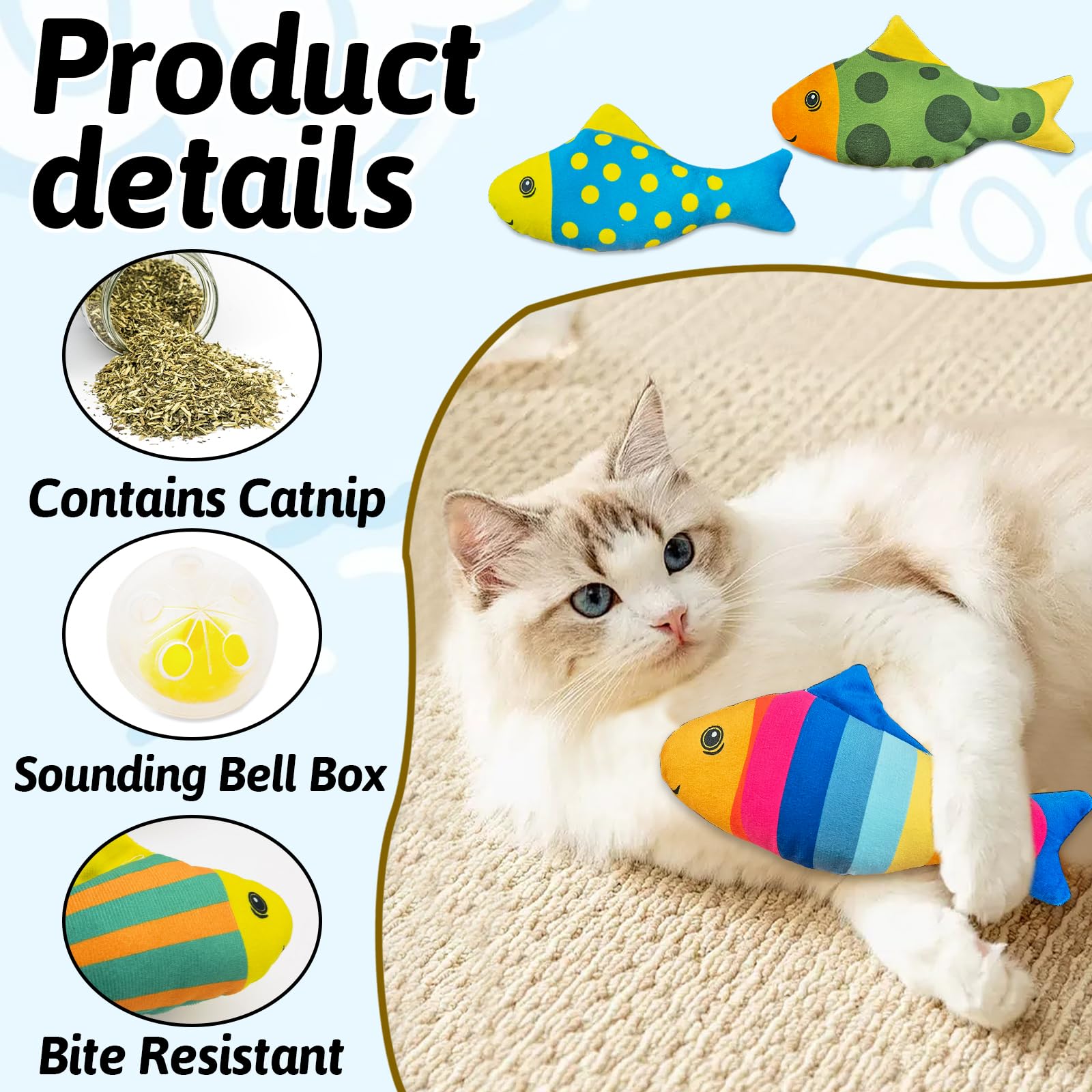 Andiker 2PCS Catnip Toys for Cats Colorful Cat Fish Toys with Catnip Built-in Bells Soft Bite-resistant Interactive Cat Toys for Indoor Cats Biting Chewing Reducing Boredom (Lines) - Image 3