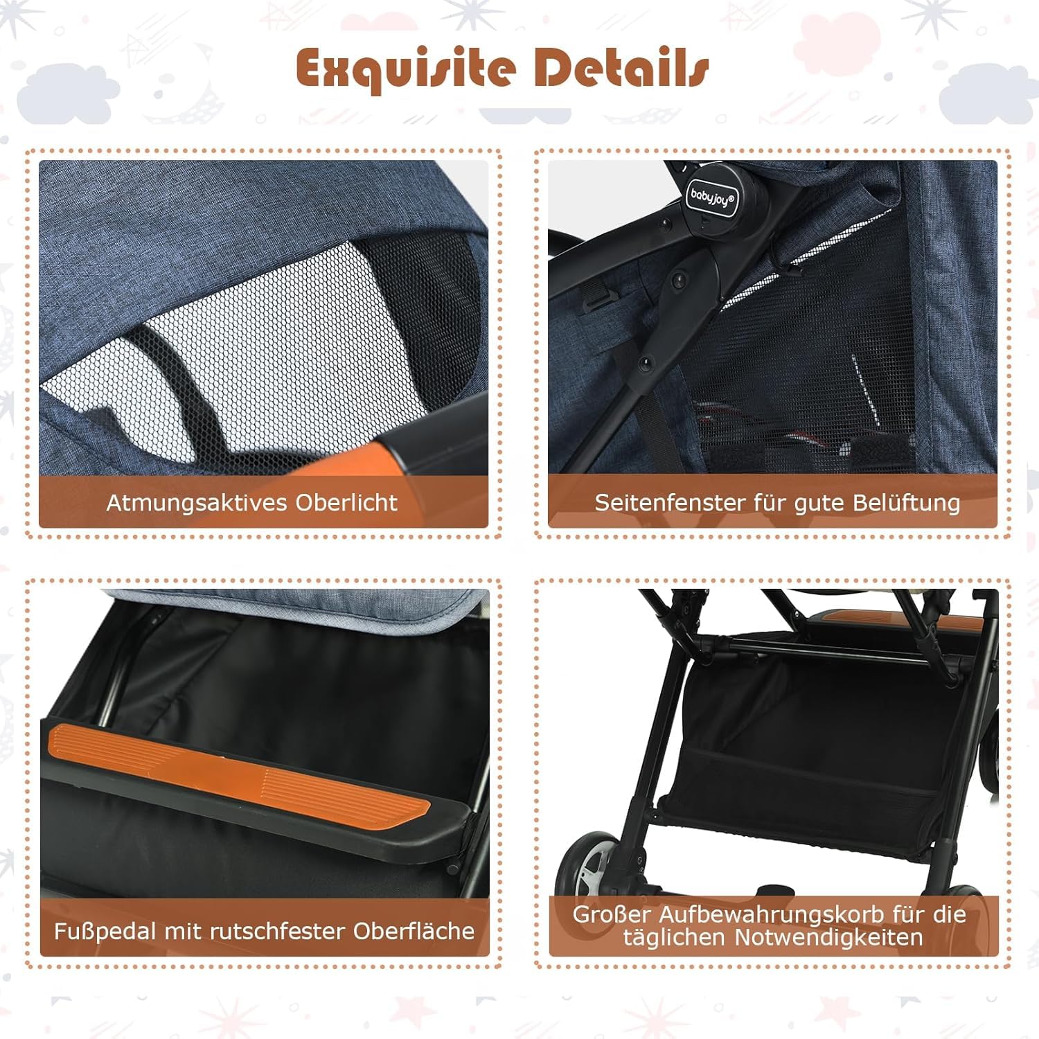 DREAMADE Kinderbuggy Klappbar mit Liegefunktion, Faltbar Buggy mit 5-Punkt-Sicherheitsgurt & Aufbewahrungskorb & Bremse, Kinderwagen für Baby 0-3 Jahren (Dunkelblau)