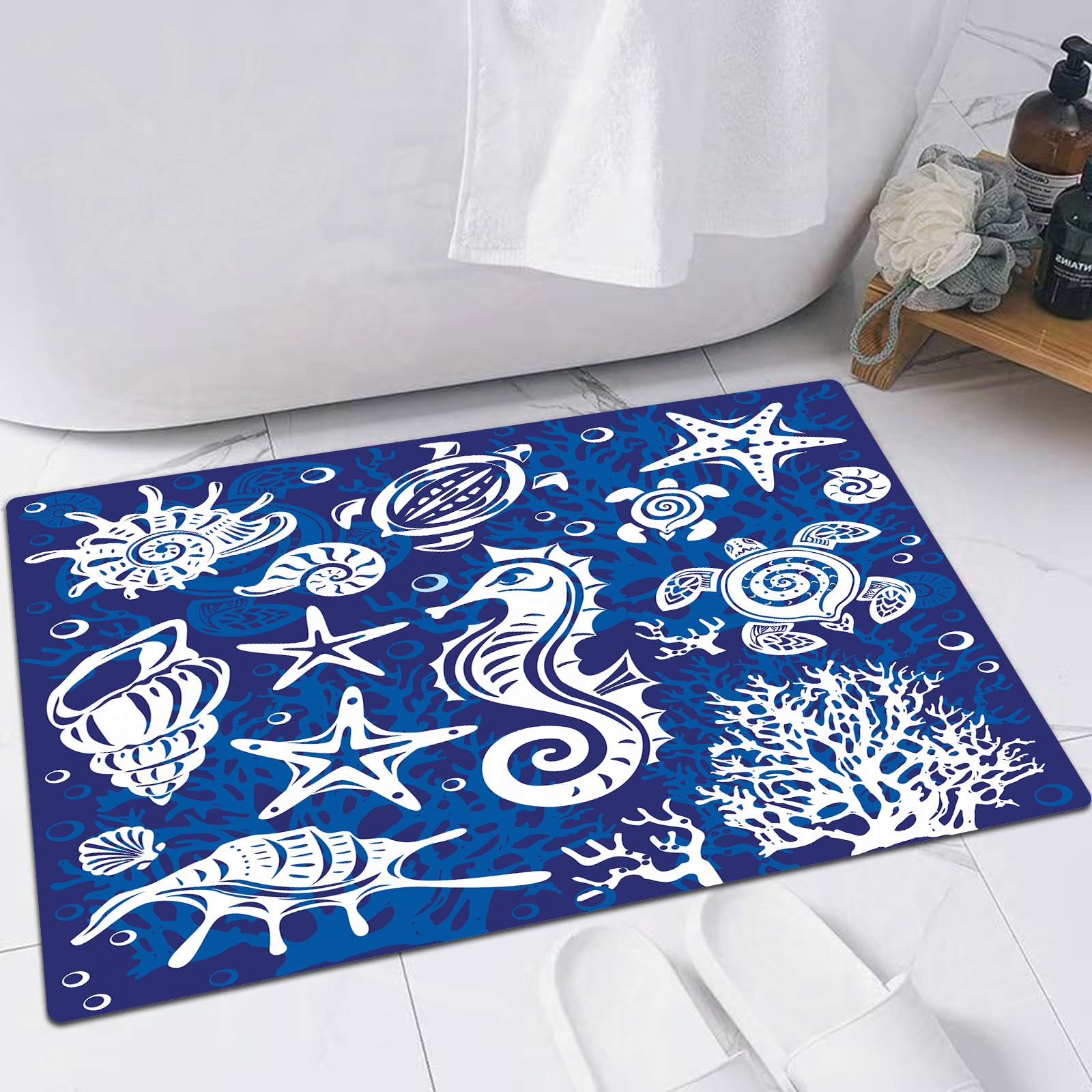 EMFSLA Bath Mat 16x24 in,Set of decorative Shells Seahorse Turtles Sea stars and Corals,Non-Slip Bathroom Mat Machine-Washable,Ultra Soft and Water Absorbent Bath Rug for Bathroom