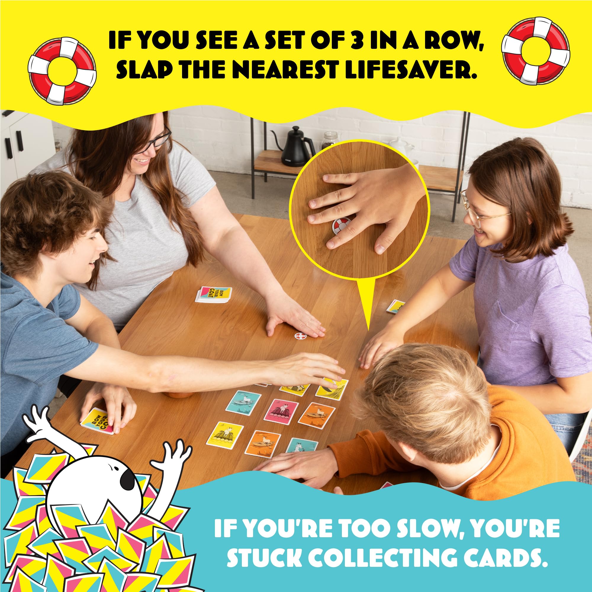 Row Your Goat: By Exploding Kittens, 2-6 Players, Age 7+ Fast Card Game | Play goat cards, spot matching colors or boats, and grab a lifesaver fast. The slowest player collects the pile! Family Game