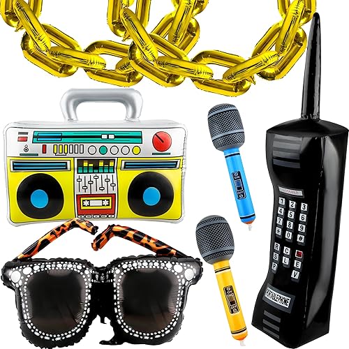 15 decoraciones inflables de los años 80 y 90, incluye radio inflable, Boombox, teléfono celular, micrófono, gafas, cadena de globos de lámina