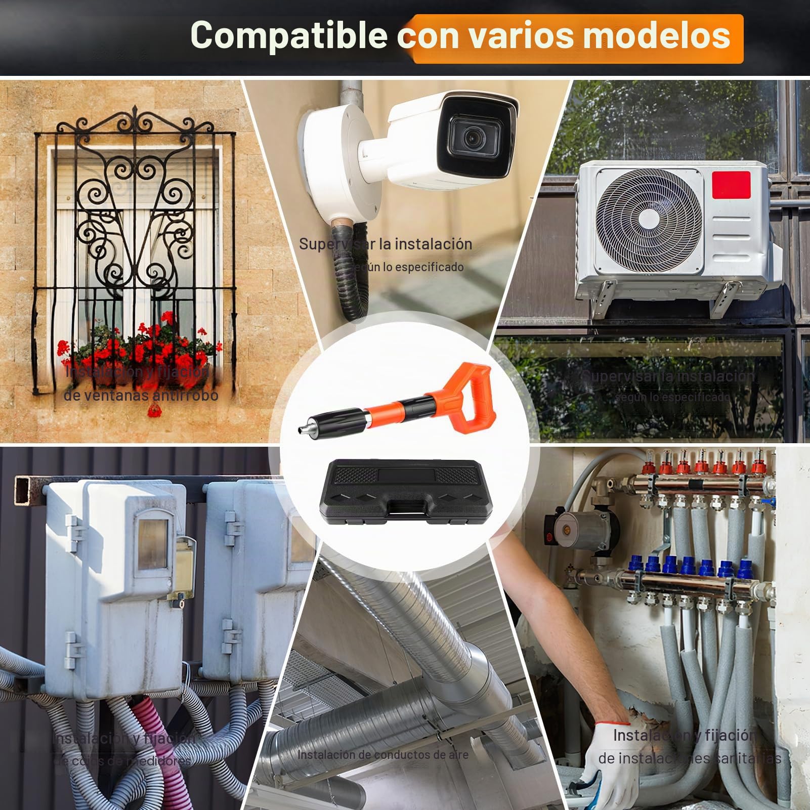 Pistola de clavos manual XIHUANNI con 300 clavos redondos, ajustable de 5 velocidades, para acero y hormigón, portátil y silenciosa, equipo de protección incluido (negro y naranja)