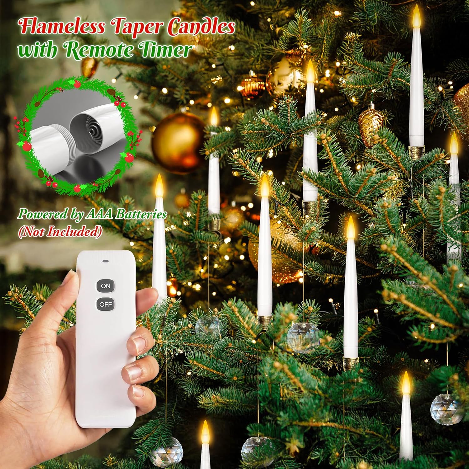 0.4" x6" LED Short Taper Candles with 12 Crystal Ball Hooks, 12 Pcs Flameless Christmas Tree Hanging Candles with Remote, Battery Operated Taper Candle for Xmas, Home, Indoor and Party