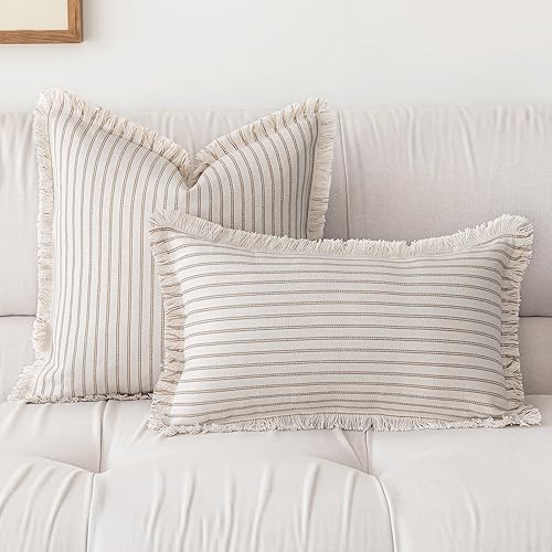 Miniatura 2 de YEENAASY Juego de 2 fundas de almohada a rayas de 20 x 20 pulgadas, fundas de almohada bohemias con borlas de flecos, almohadas decorativas de