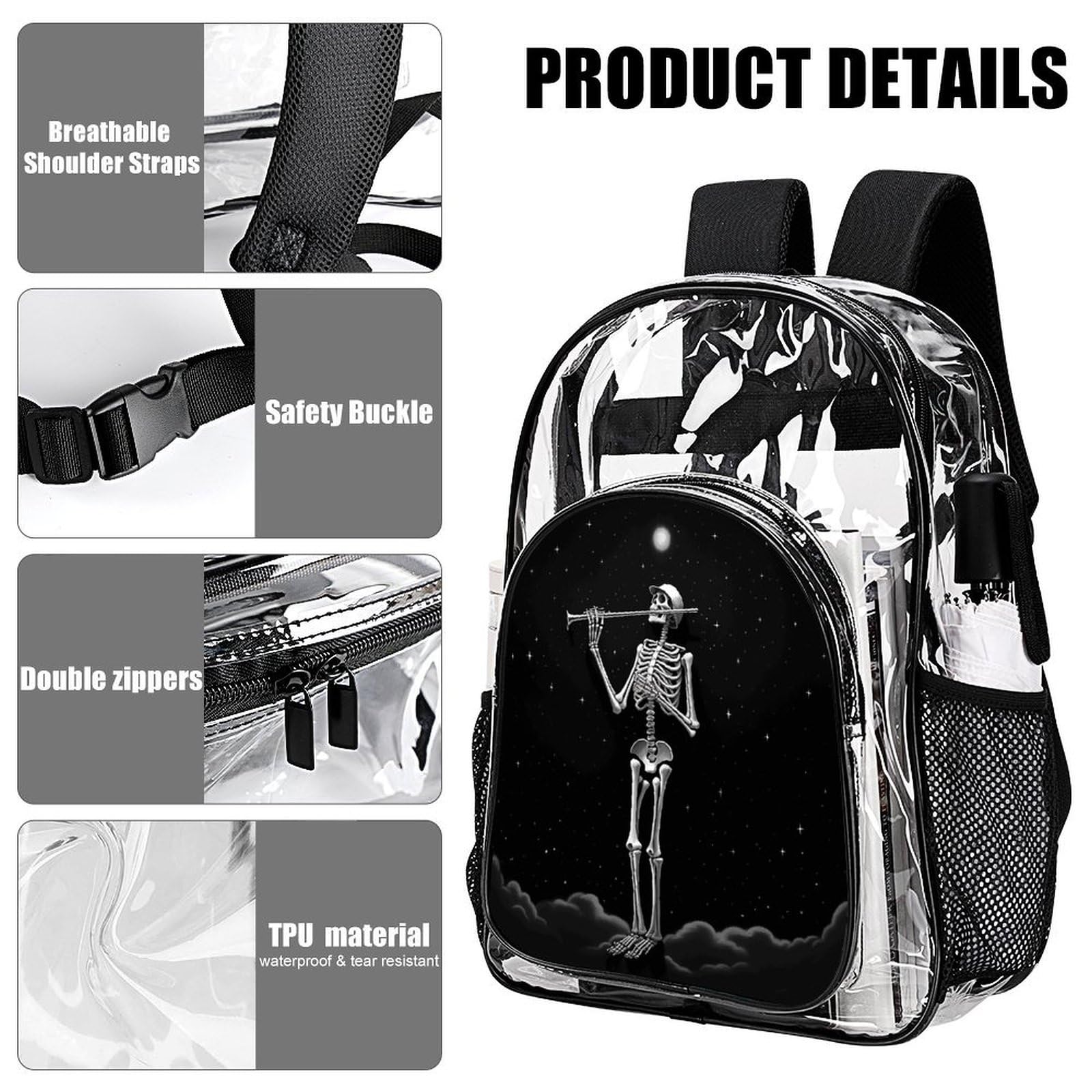Transparenter Rucksack, Motiv: Skelett in der Nacht, groß, transparent, PVC, Büchertasche für Sicherheit, Arbeit, Reisen, Stadion
