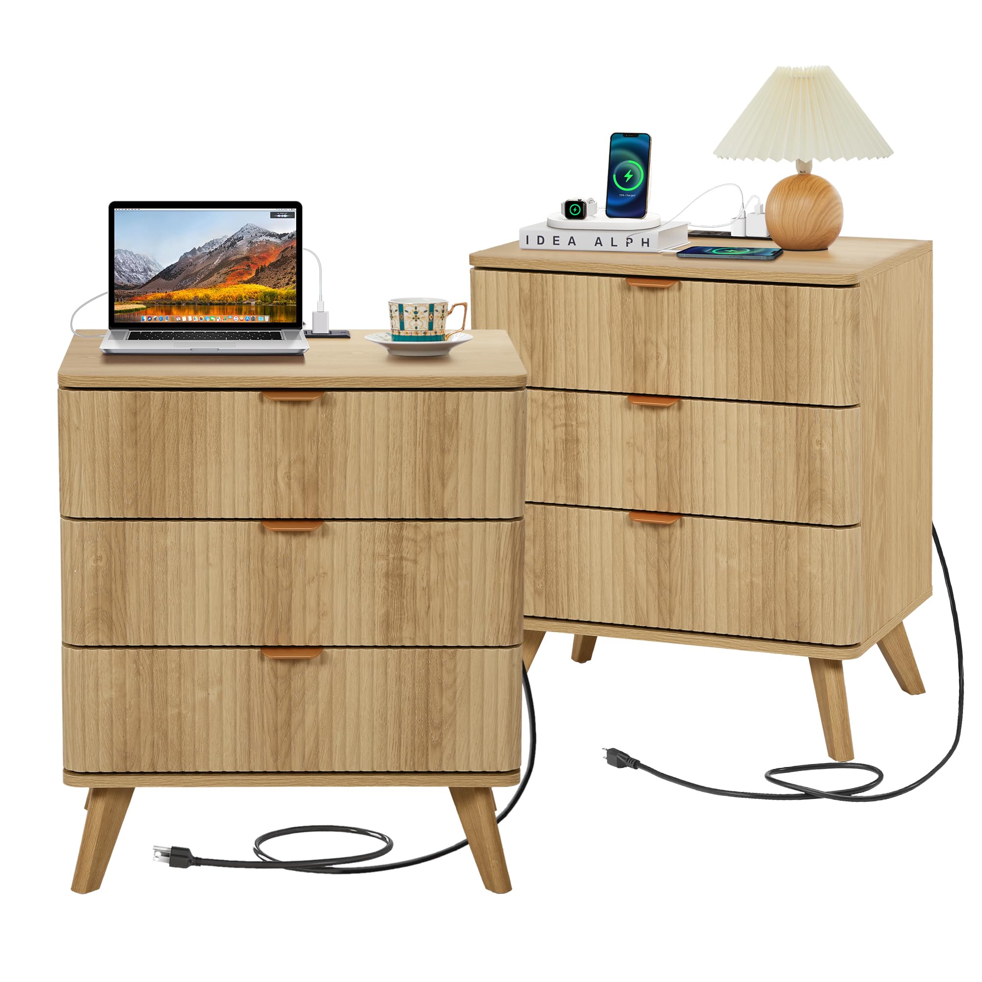 YMXLTD 3 Drawer Boho Nightstand Set of 2 with Charging Station, Mid Century Modern Wide Nightstand with Drawers, Fluted Nightstand Dresser for Bedroom