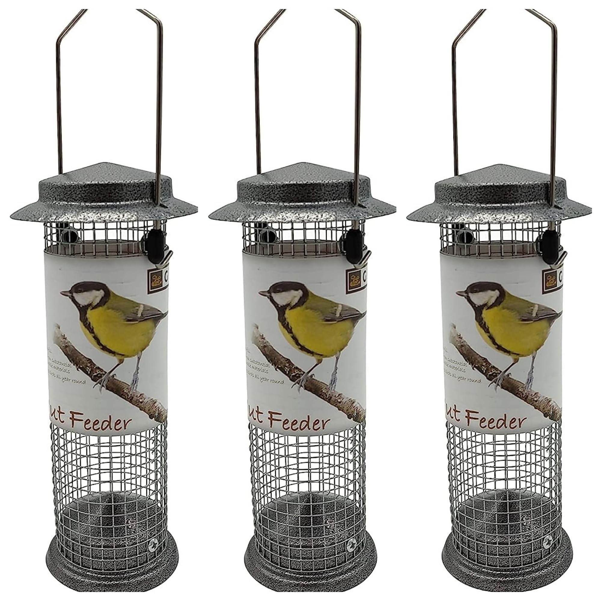 3-Pack Metal Bird Feeder - Hanging Bird Feeder Station for Garden, Backyard, Lawn - Set of Bird Feeders for Nuts, Seeds, Fat Balls - Sage green or Silver Hammertone (3 Hammertone Nut Feeders)