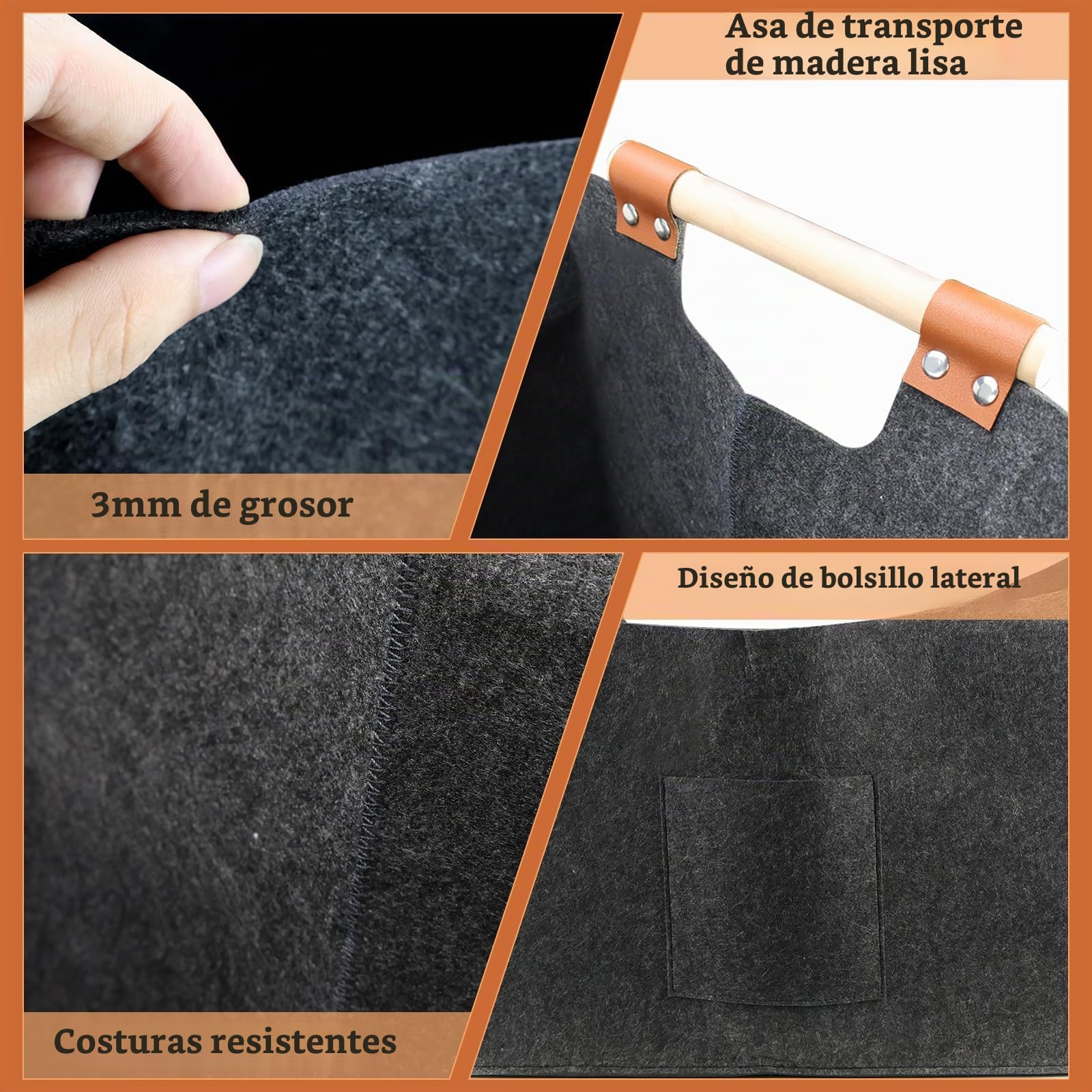 Cesta de madera para leña grande, de fieltro, XXL (96 L, 60 x 40 x 40 cm), plegable, fieltro extragrueso con mango de madera y guantes, para compras y leña, color gris oscuro (96 L)