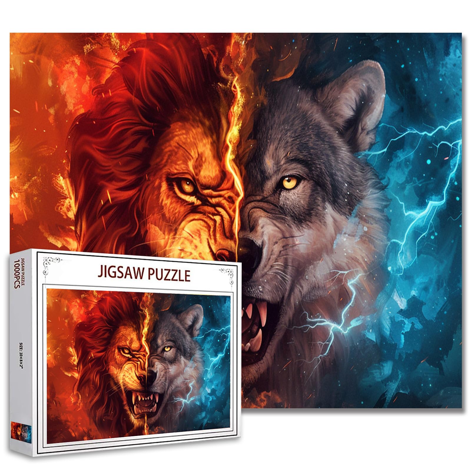 1000 Piece Jigsaw Puzzles for Adults Red Flaming Lion and Blue Lightning Wolf Jigsaw Puzzle Half Lion Face and Wolf 1000 Piece Jigsaw Puzzles Home Decor Family Puzzle Perfect for Game Nights Gift — image 1