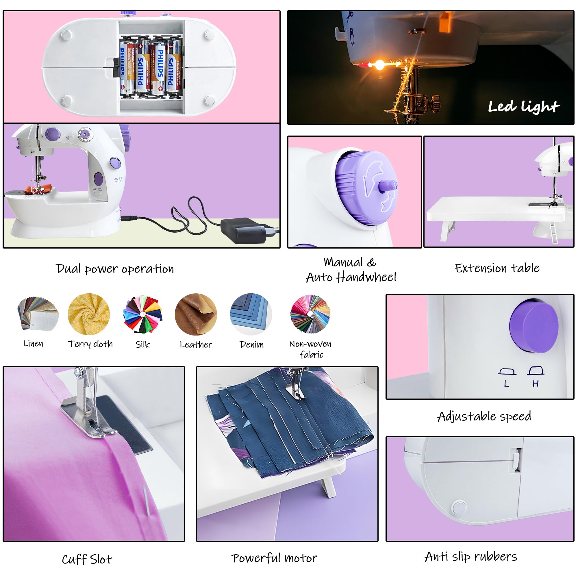Macchina da Cucire Facile per Principianti e Bambini, Macchina da Cucire Portatile Leggera, Piccola Macchina da Cucire Domestica con Kit di Prolunga Pedale per Tavolo da Cucito
