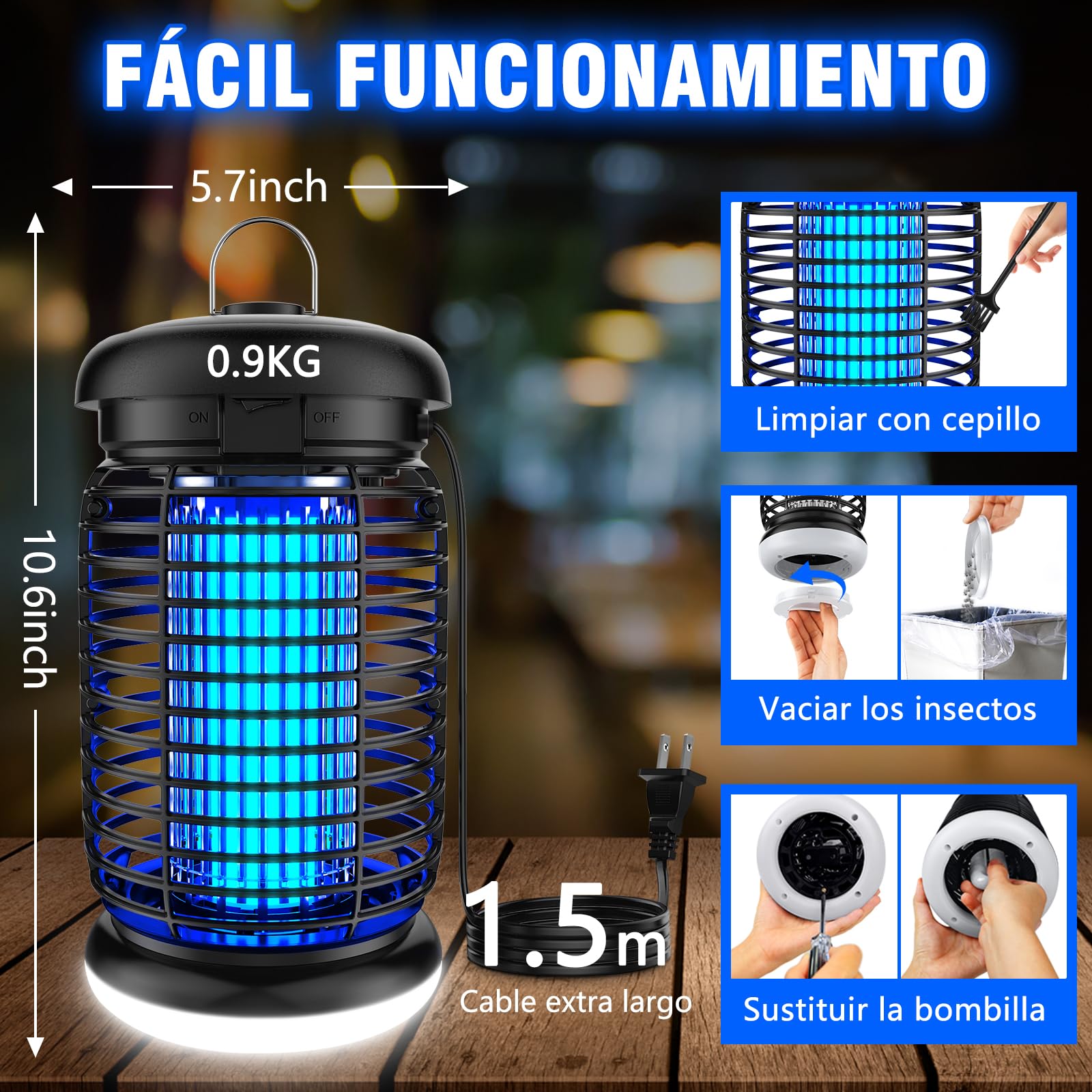 seenlast Lámpara Antimosquitos Electrico, Mata Mosquitos Electrico 4200V 15W UV Lampara Mosquitos, Atrapa Mosquitos con LED,IPX4 Impermeable,Area Efectiva 140m² para Interior y Exterior