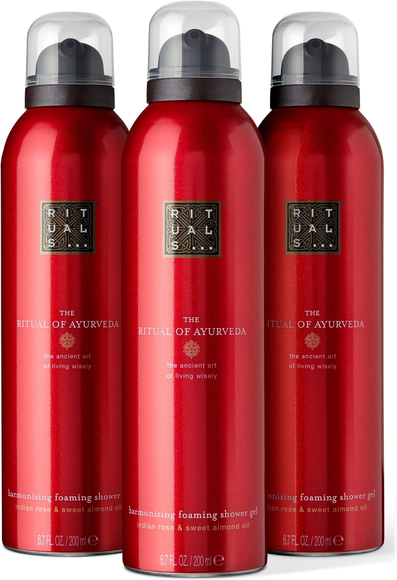 Ayurveda Rebalancing Foaming Shower Gel - Fragrant Body Wash with Indian Rose & Sweet Almond Oil - 6.7 Fl Oz (3 Pack)