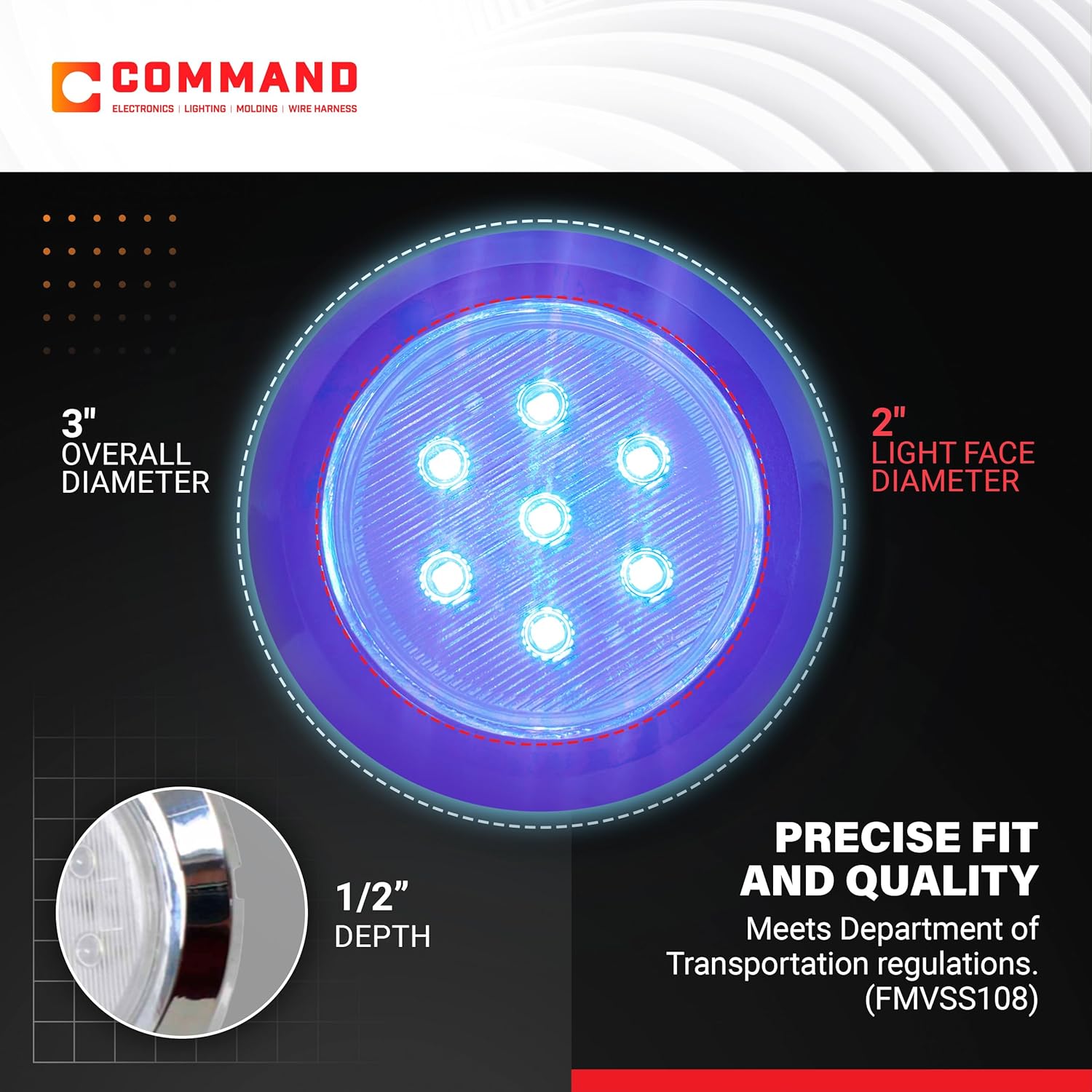 Command Electronics 12V LED Blue Light Surface Mount Dome with Chrome Trim Ring - OEM RV Camper Bus Truck & Trailer Light - Made in USA - Hardware & Connectors Included | 3" Diameter (5 Pack)