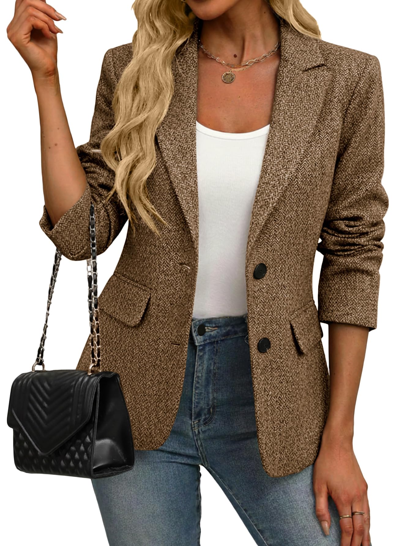 Mina Self 2025 Fall Winter Herringbone Blazer Women - Notched Lapel Open Front Business Casual Blazer with Pockets