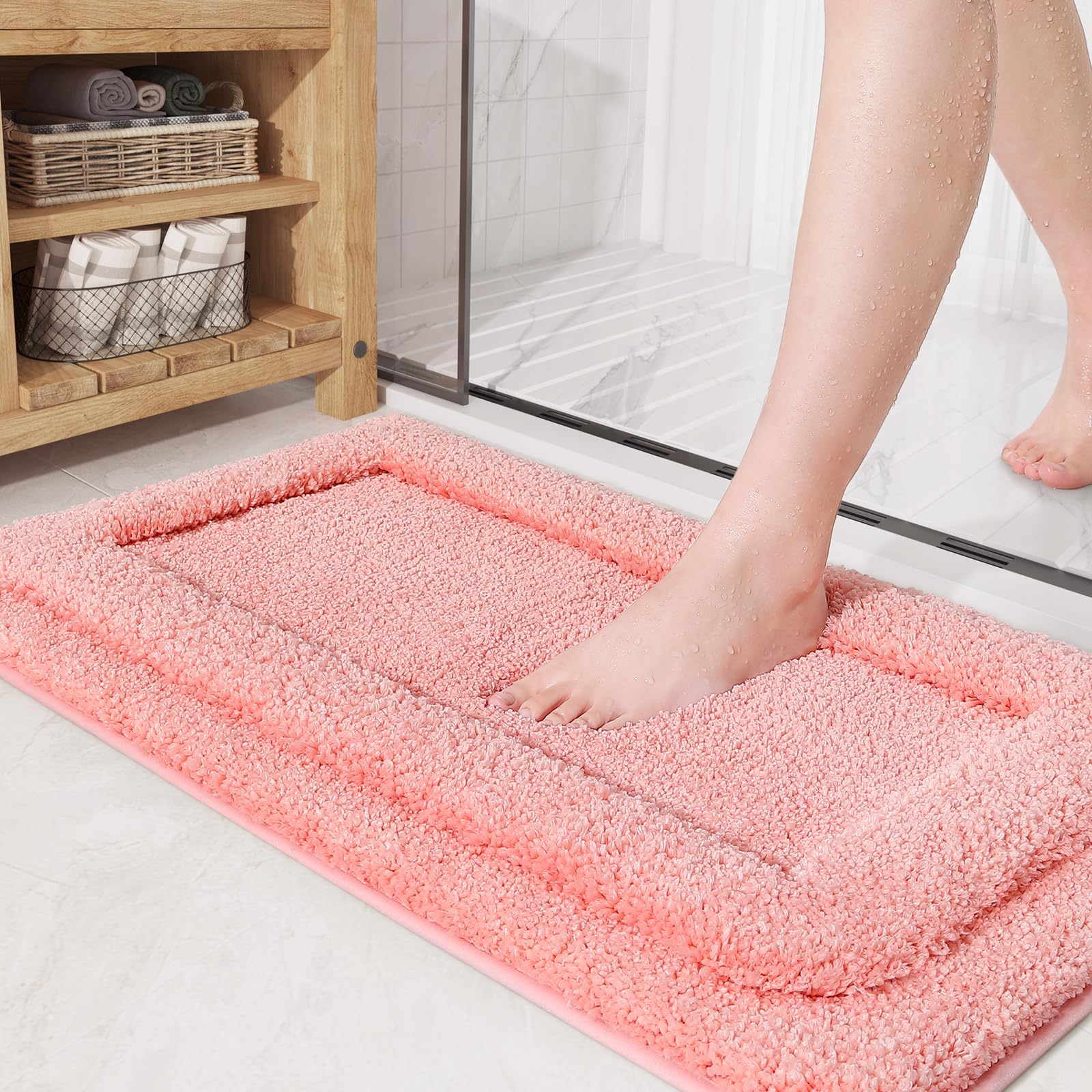 Color&Geometry Ultra Thick Plush Bath Mat- Super Absorbent, Non Slip, Fluffy, Soft, Washable Coral Pink Bathroom Rugs- 16"x24" Luxury Shaggy Bath Mats for Bathroom Floor, Shower, Sink, Bathtub