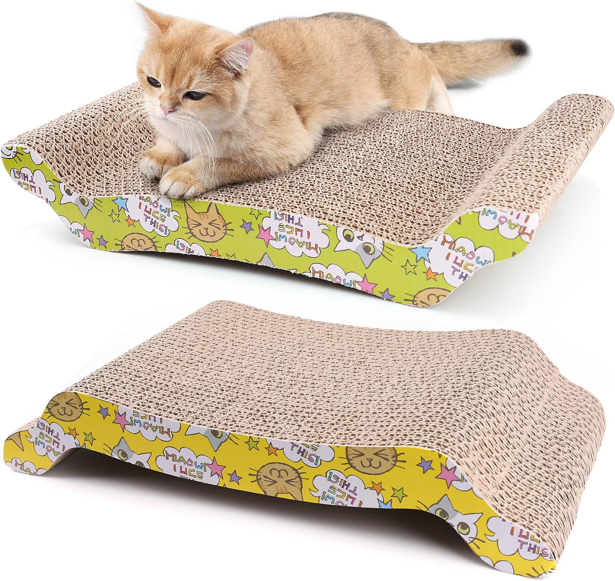 PrimePets Cat Scratcher Lounge 2-Pack, Reversible Wave Cat Scratch Pad for Scratching, Sleeping & Playing, Durable Corrugated Cardboard Cat Bed for Kittens & Small Cats, Includes Catnip