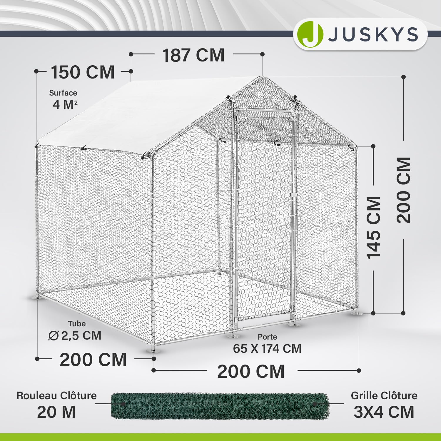 Enclos Juskys 2 x 2 x 2 m — Poulailler en métal Accessible d'une Surface de 4 m² avec Porte et verrou — Enclos pour Poules, Petits Animaux et Plantes
